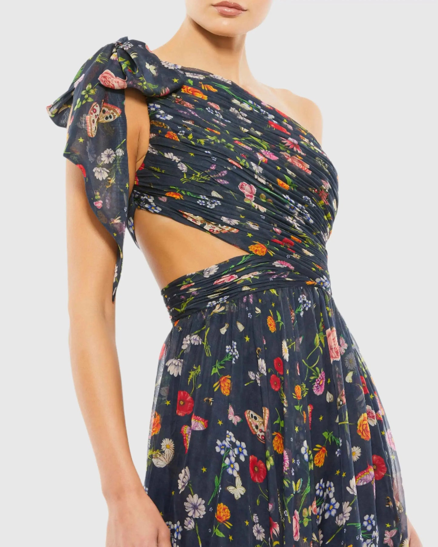 Navy Petite Tied One Shoulder Cut Out Flowy Gown Mac Duggal