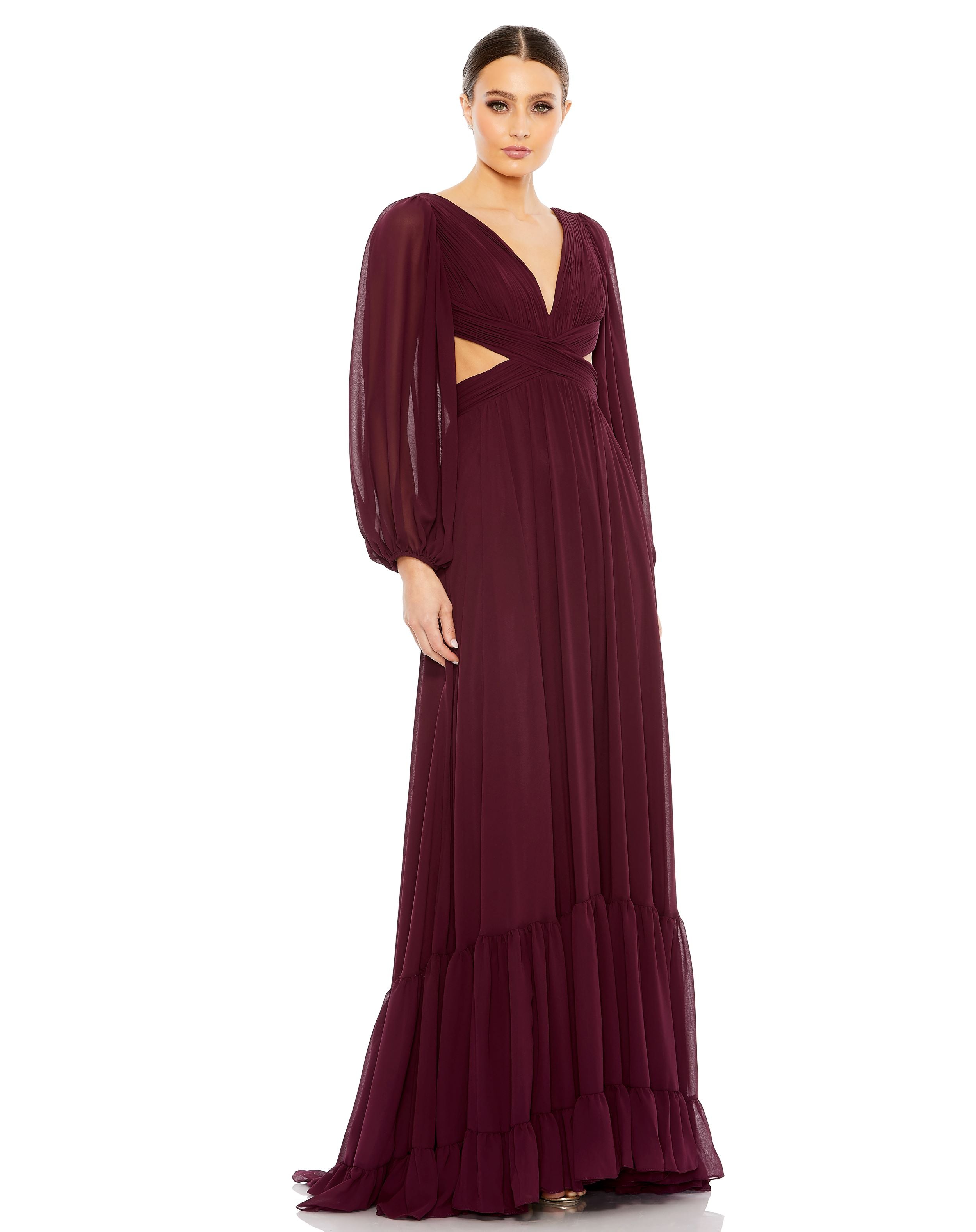 Pleated Cut Out Long Sleeve Lace Up Tiered Gown