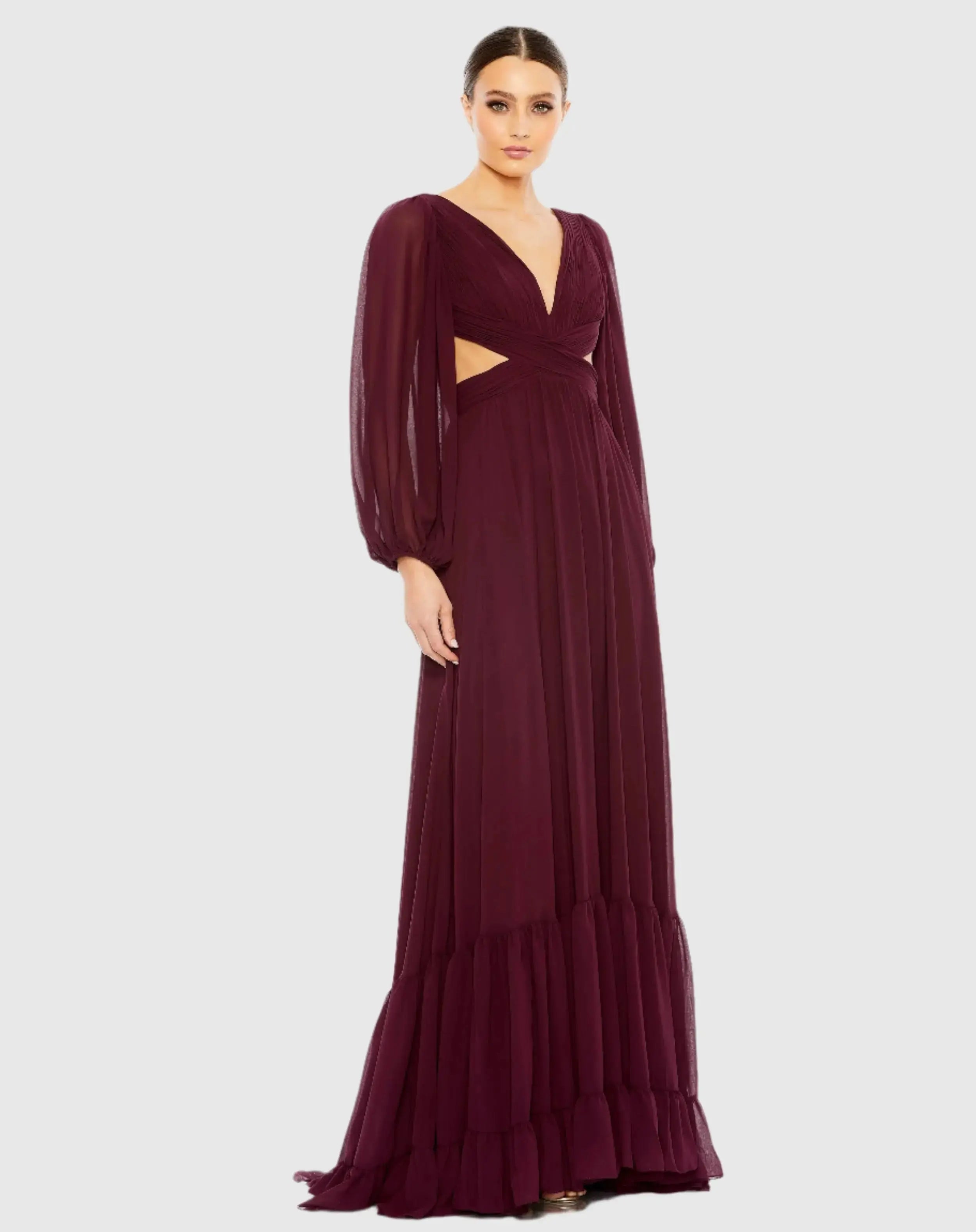 Purple Pleated Cut Out Long Sleeve Lace Up Tiered Gown