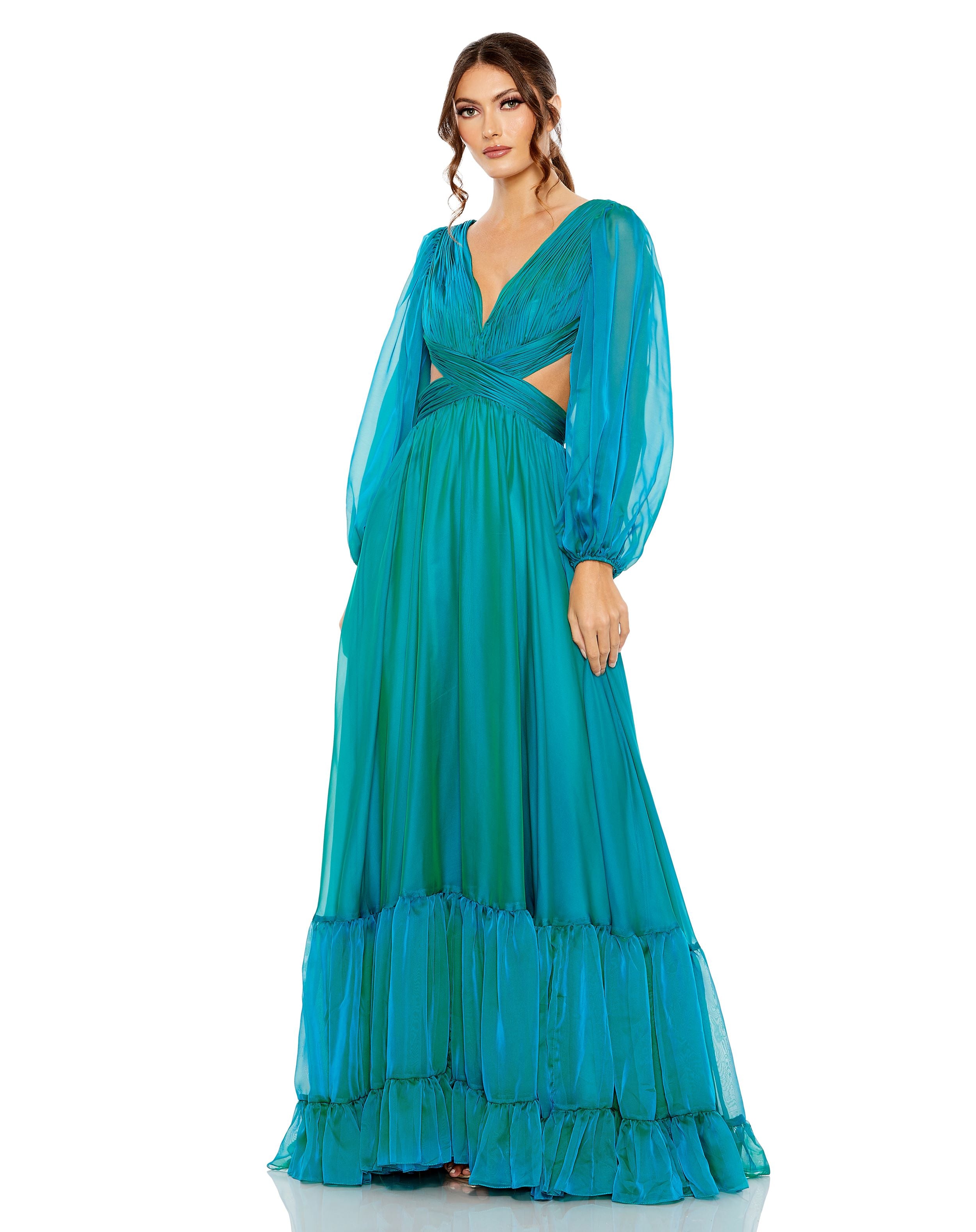 Pleated Cut Out Long Sleeve Lace Up Tiered Gown | Sample | Sz. 2