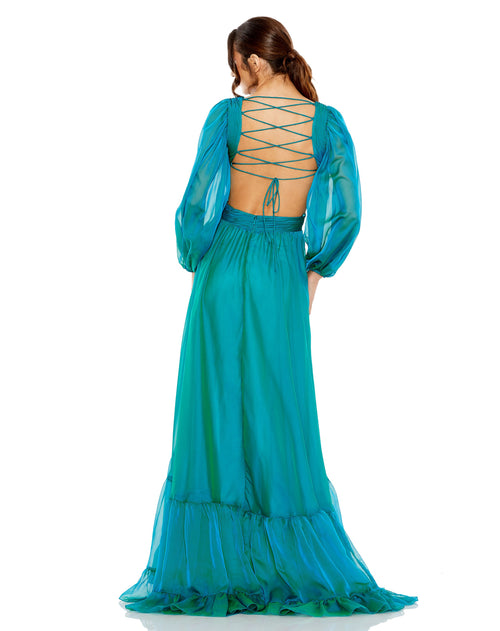 Pleated Cut Out Long Sleeve Lace Up Tiered Gown | Sample | Sz. 2