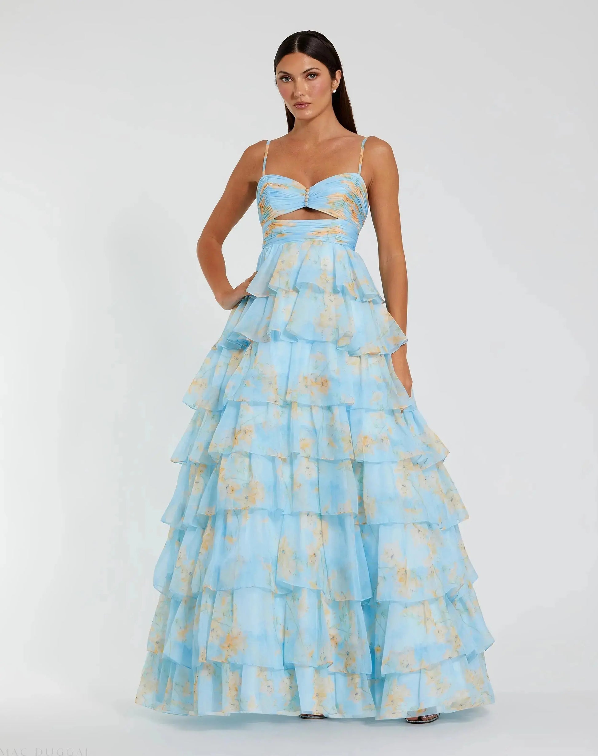 Blue Floral Cut Out Ruffle Tiered Gown | Mac Duggal Blue Floral Cut Out Ruffle Tiered Gown | Mac Duggal