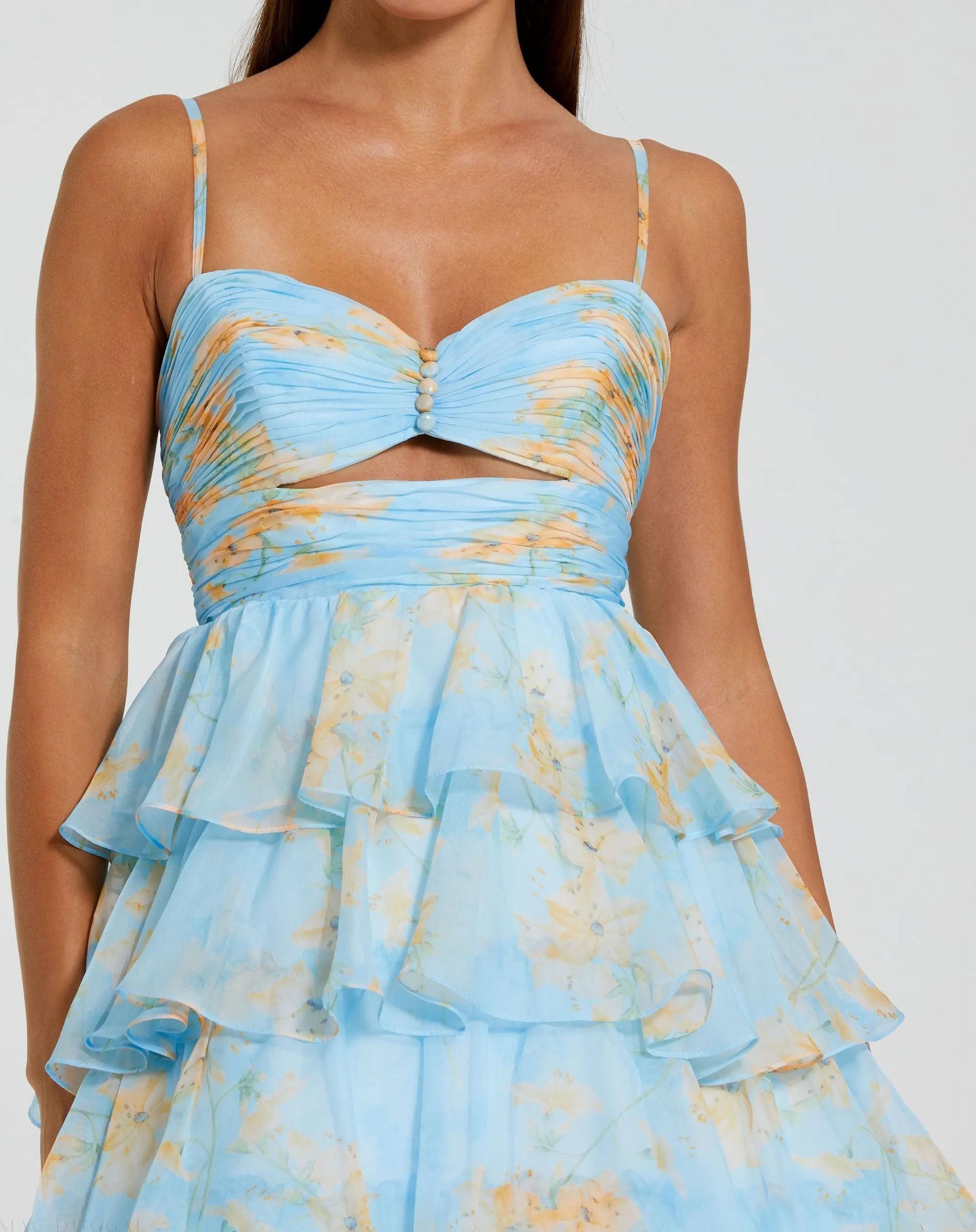 Blue Floral Cut Out Ruffle Tiered Gown | Mac Duggal Blue Floral Cut Out Ruffle Tiered Gown | Mac Duggal