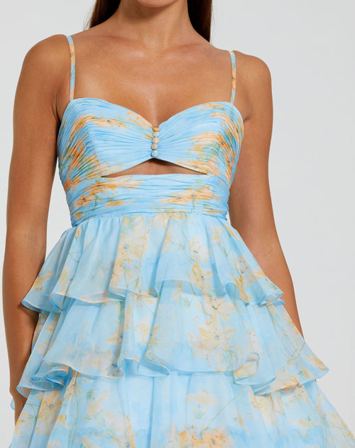 Blue Floral Cut Out Ruffle Tiered Gown