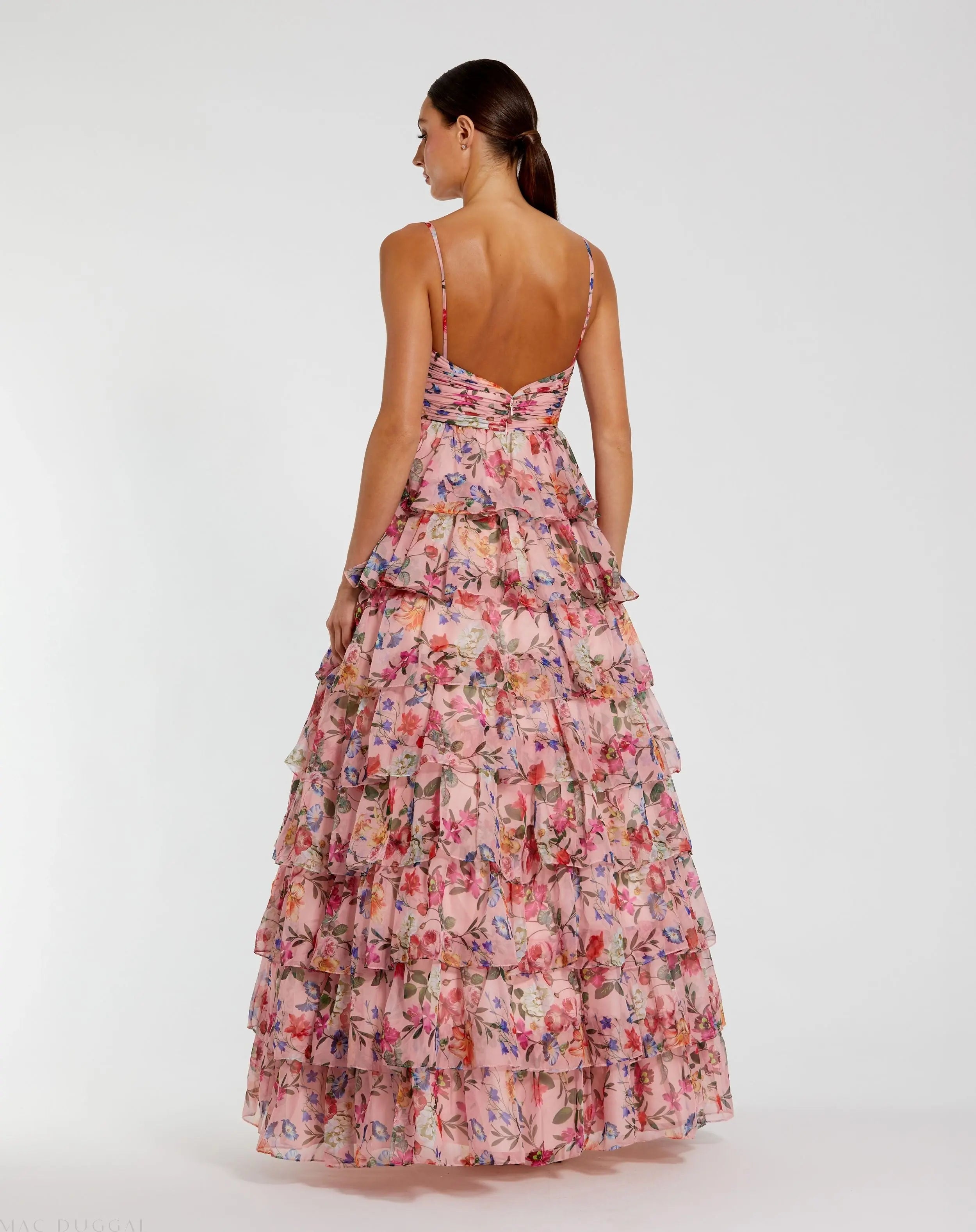 Pink Floral Cut Out Ruffle Tiered Gown Mac Duggal