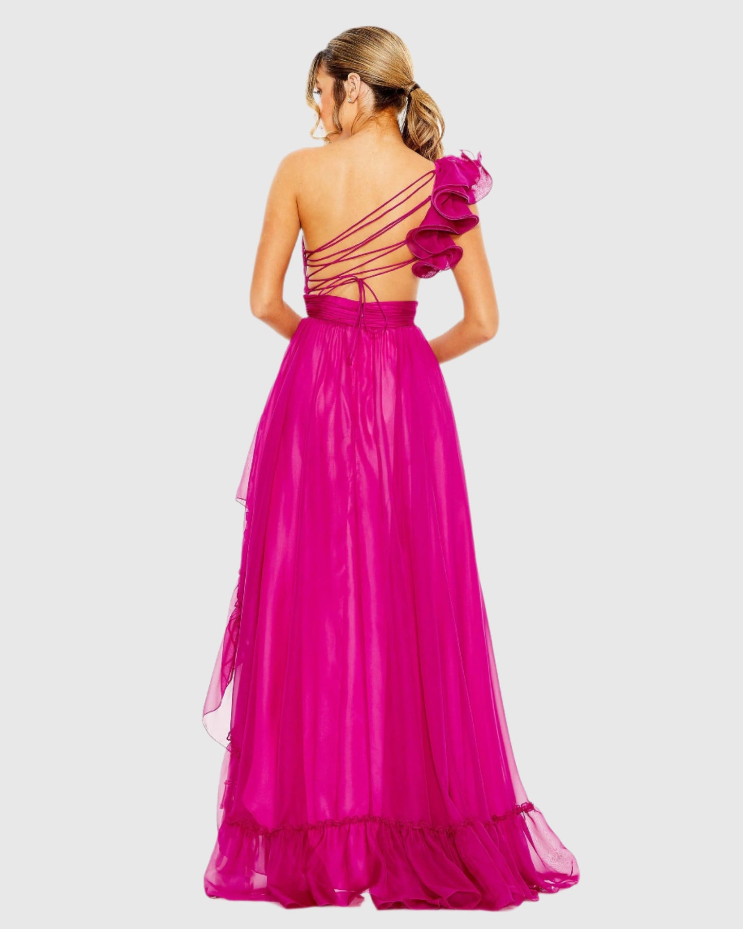 Ruffled One Shoulder Asymmetrical Gown