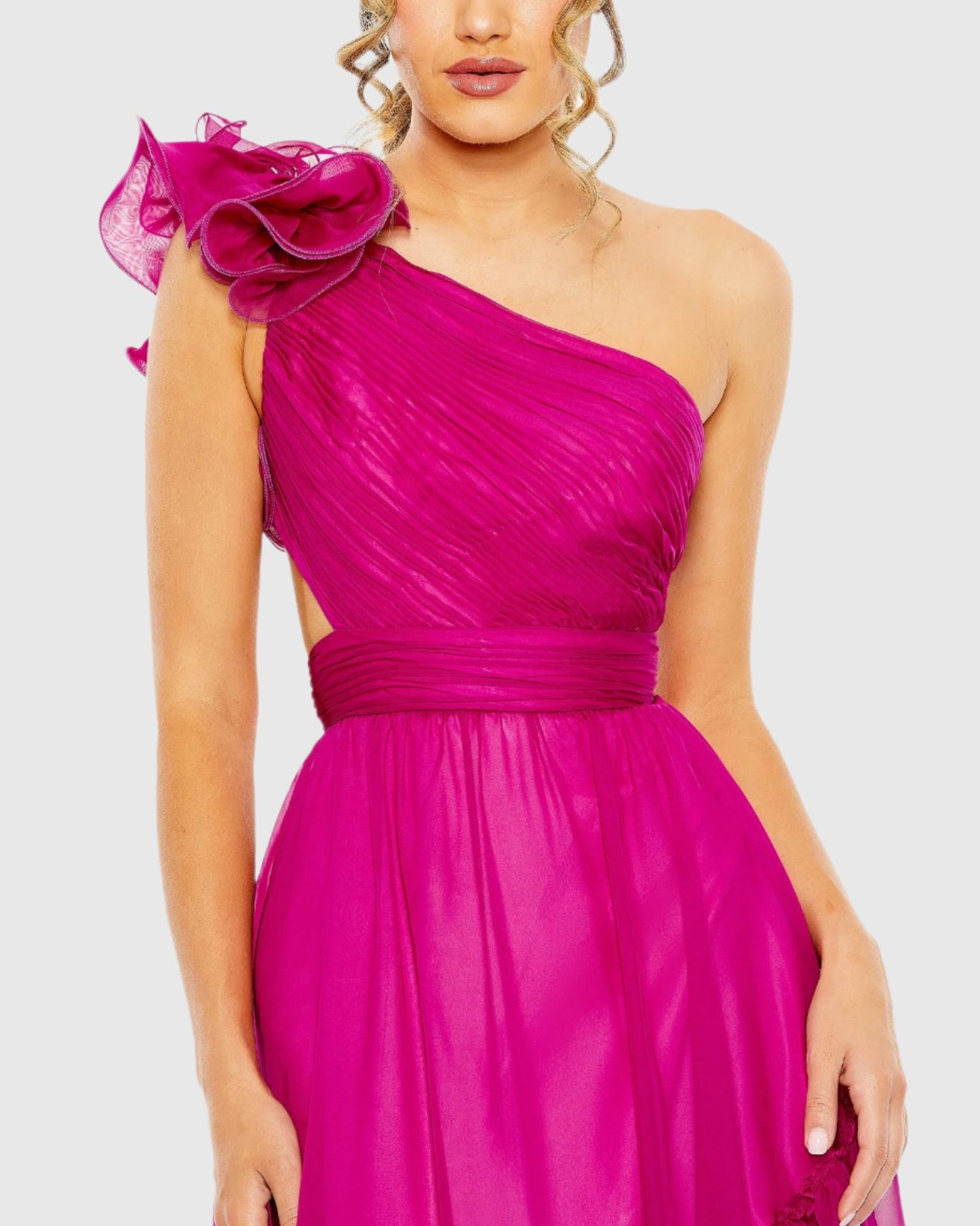 Ruffled One Shoulder Asymmetrical Gown