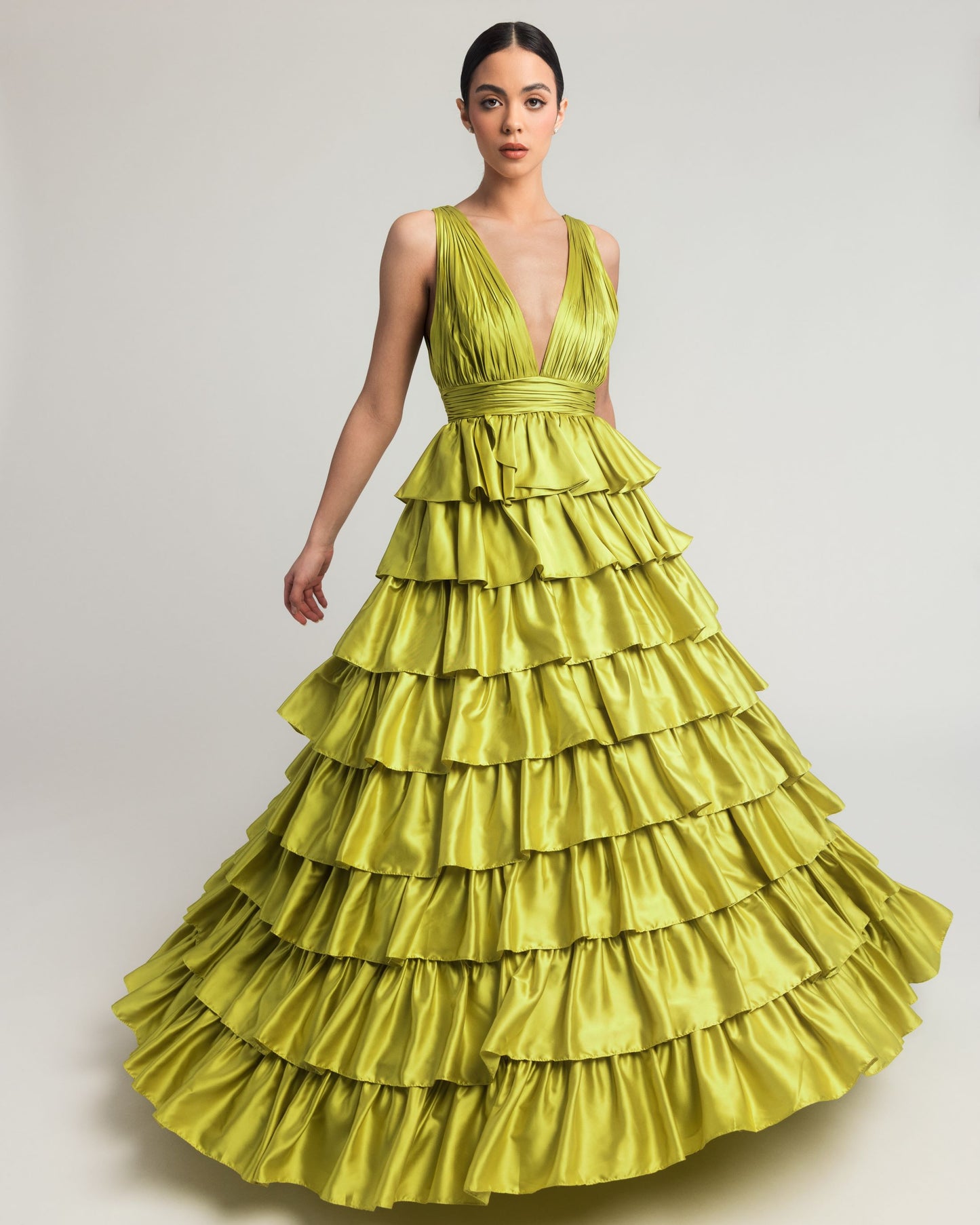 Green Ruffle Tiered Pleated Sleeveless V Neck Gown