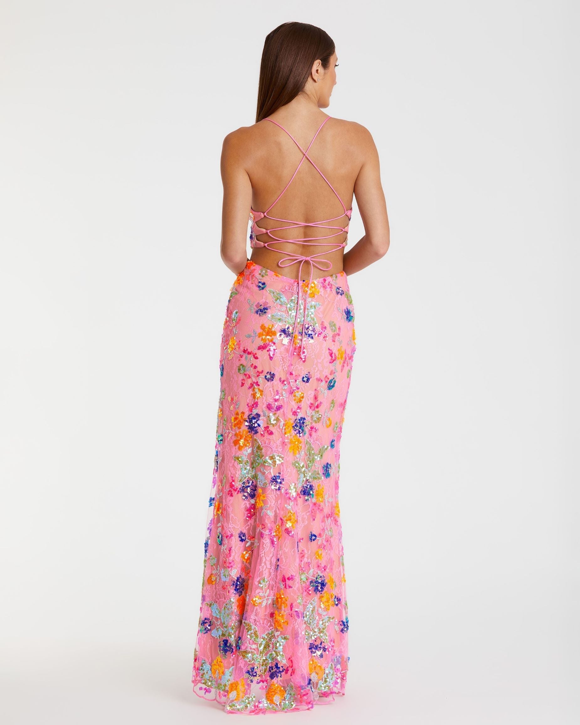 Pink Embellished Lace Strappy Column Gown - Mac Duggal