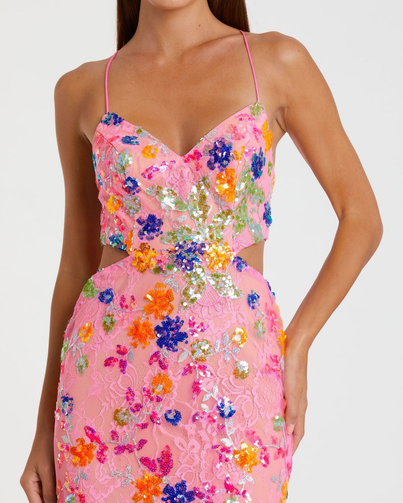 Pink Embellished Lace Strappy Column Gown - Mac Duggal