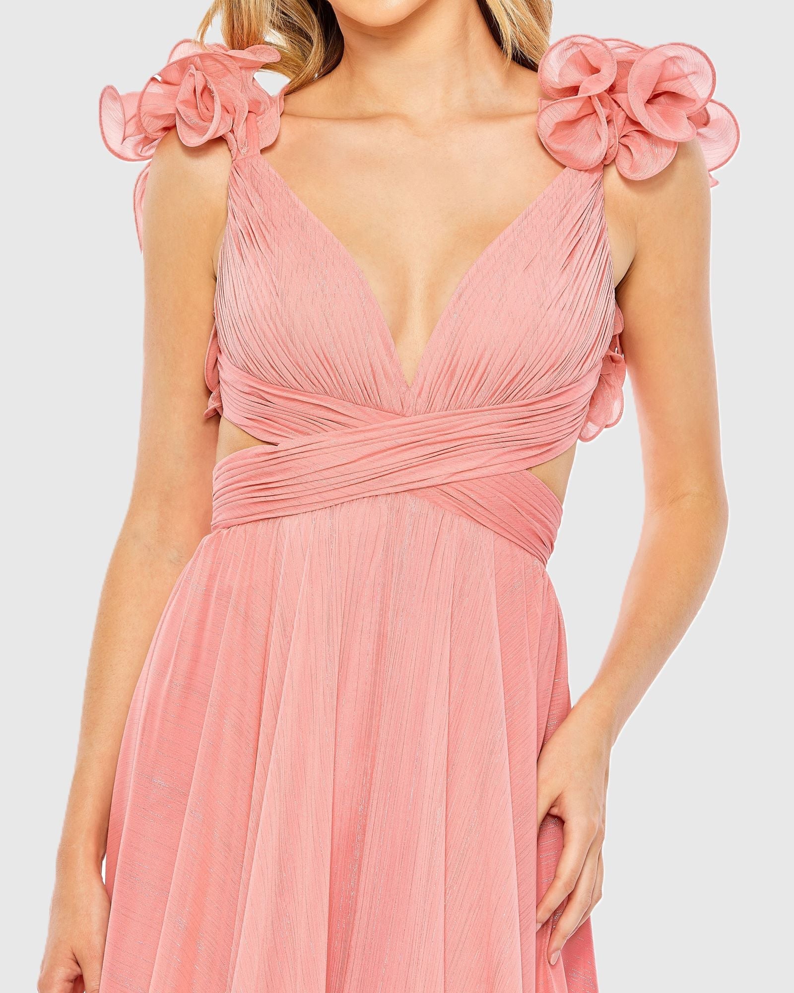Mac Duggal - Pink Ruffle Sleeve V Neck A Line Gown - Coral / US 4 Mac Duggal - Pink Ruffle Sleeve V Neck A Line Gown - Coral / US 4