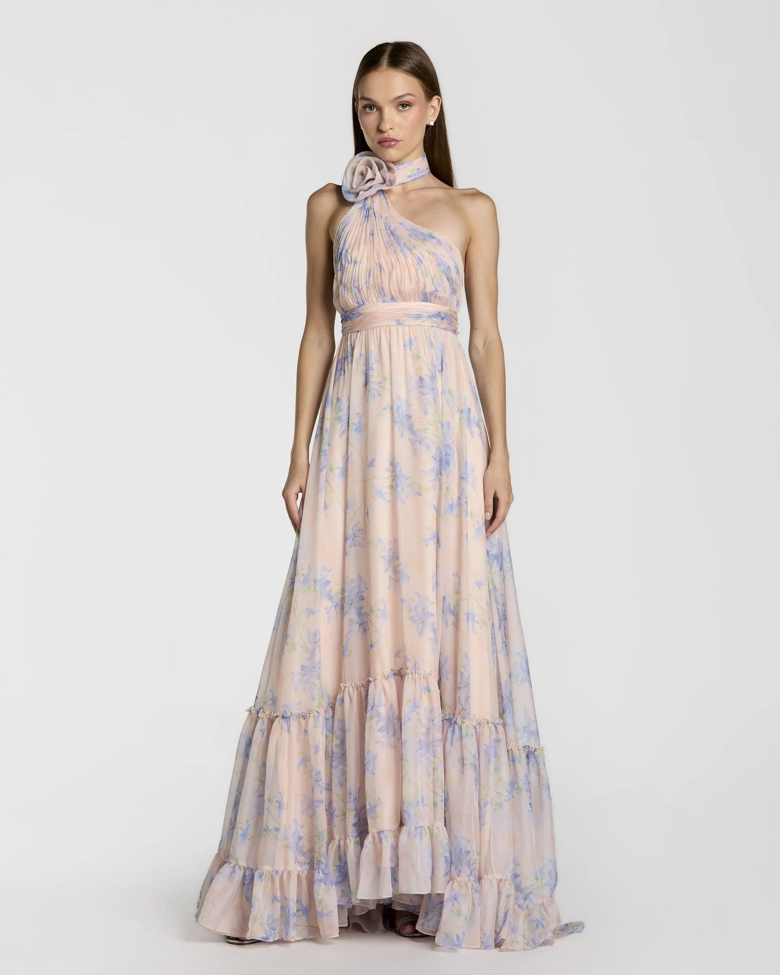 Pink Asymmetrical Ruffled Halter Floral Gown Ieena for Mac Duggal