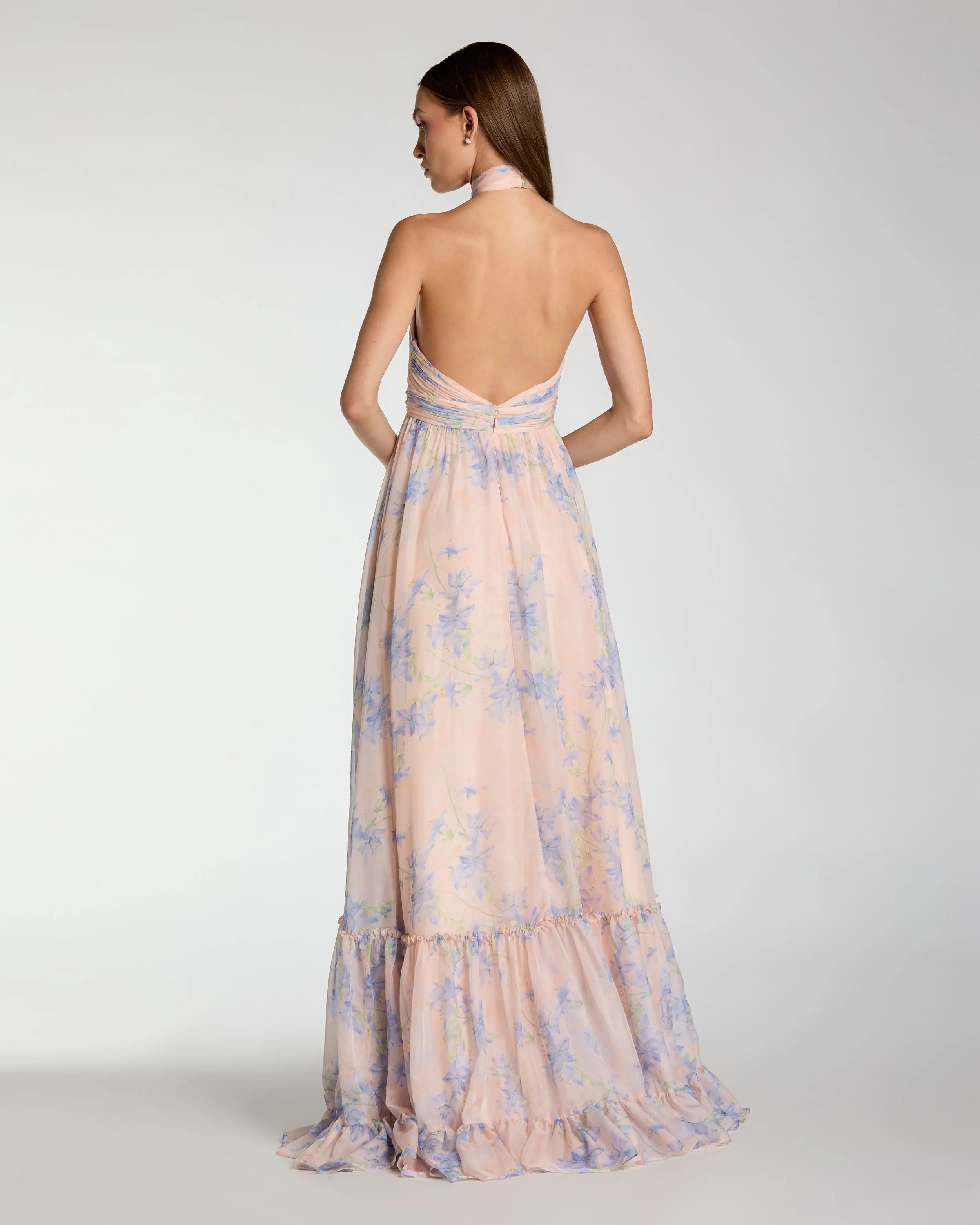 Pink Asymmetrical Ruffled Halter Floral Gown Ieena for Mac Duggal