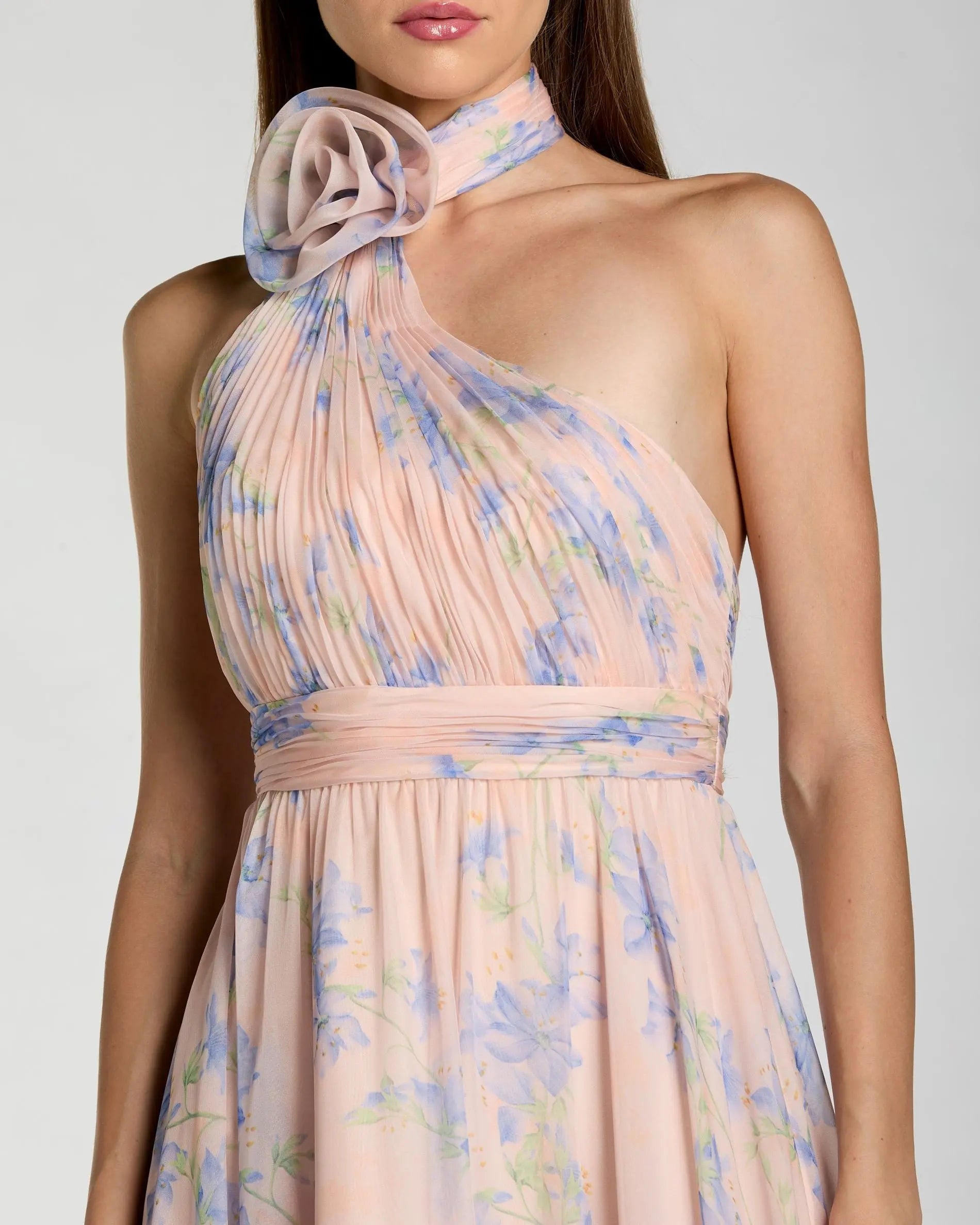 Pink Asymmetrical Ruffled Halter Floral Gown Ieena for Mac Duggal