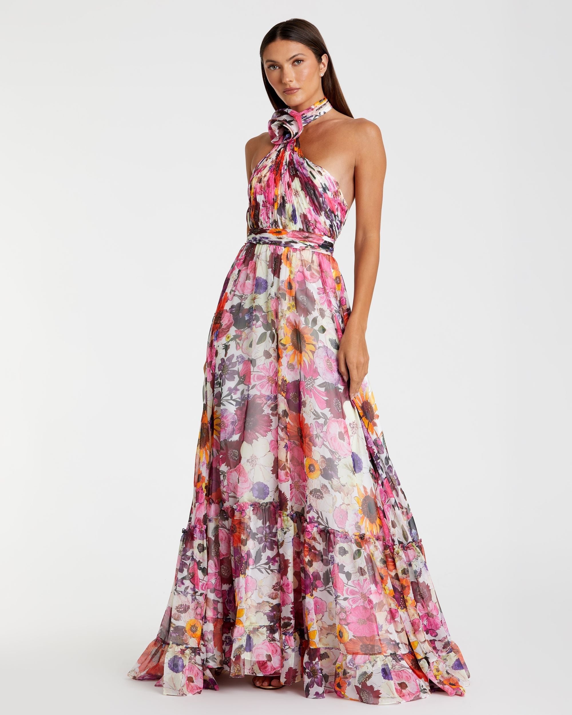 Asymmetrical Ruffled Halter Floral Gown - Mac Duggal