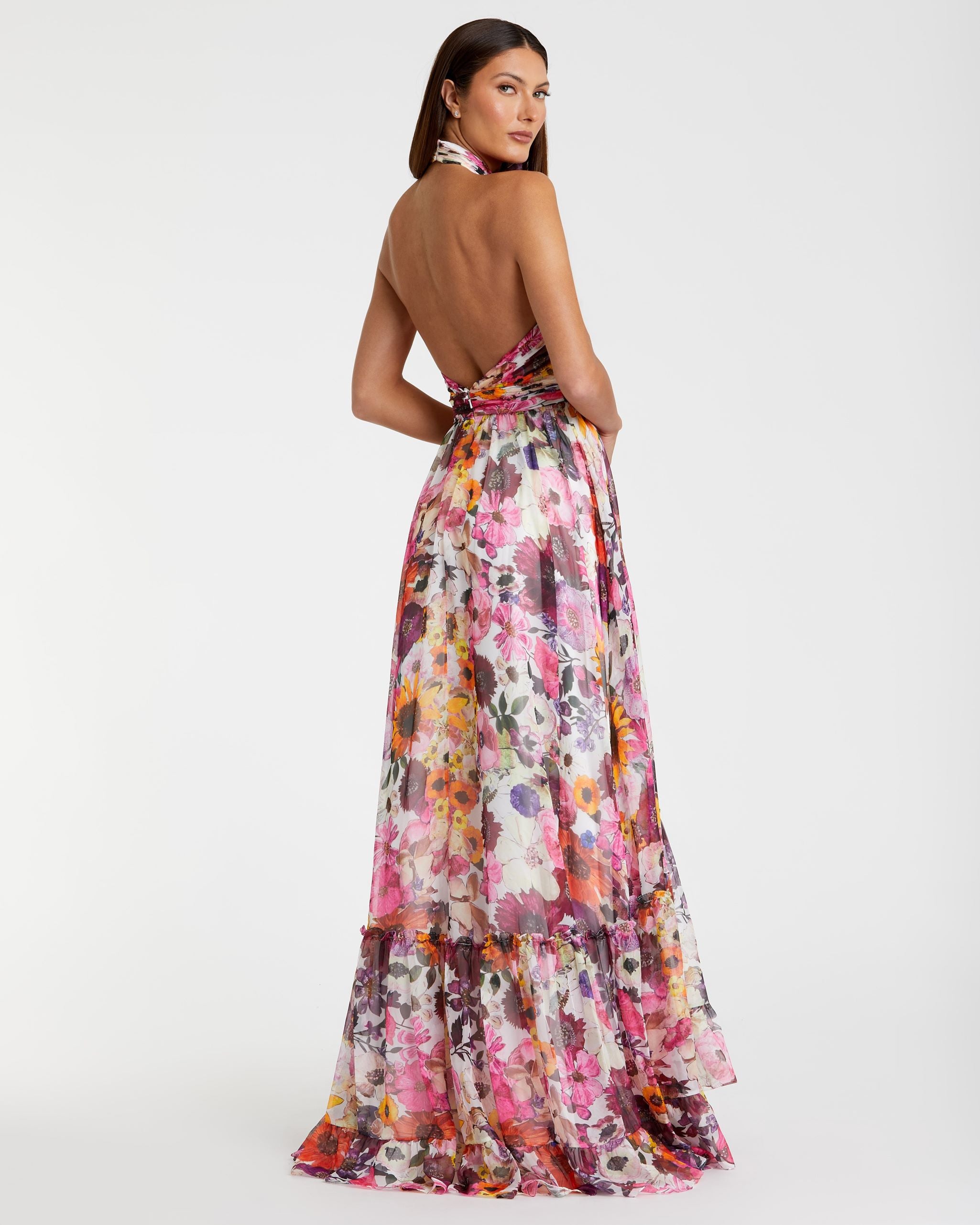 Asymmetrical Ruffled Halter Floral Gown