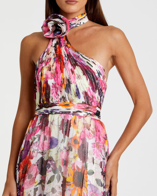 Asymmetrical Ruffled Halter Floral Gown