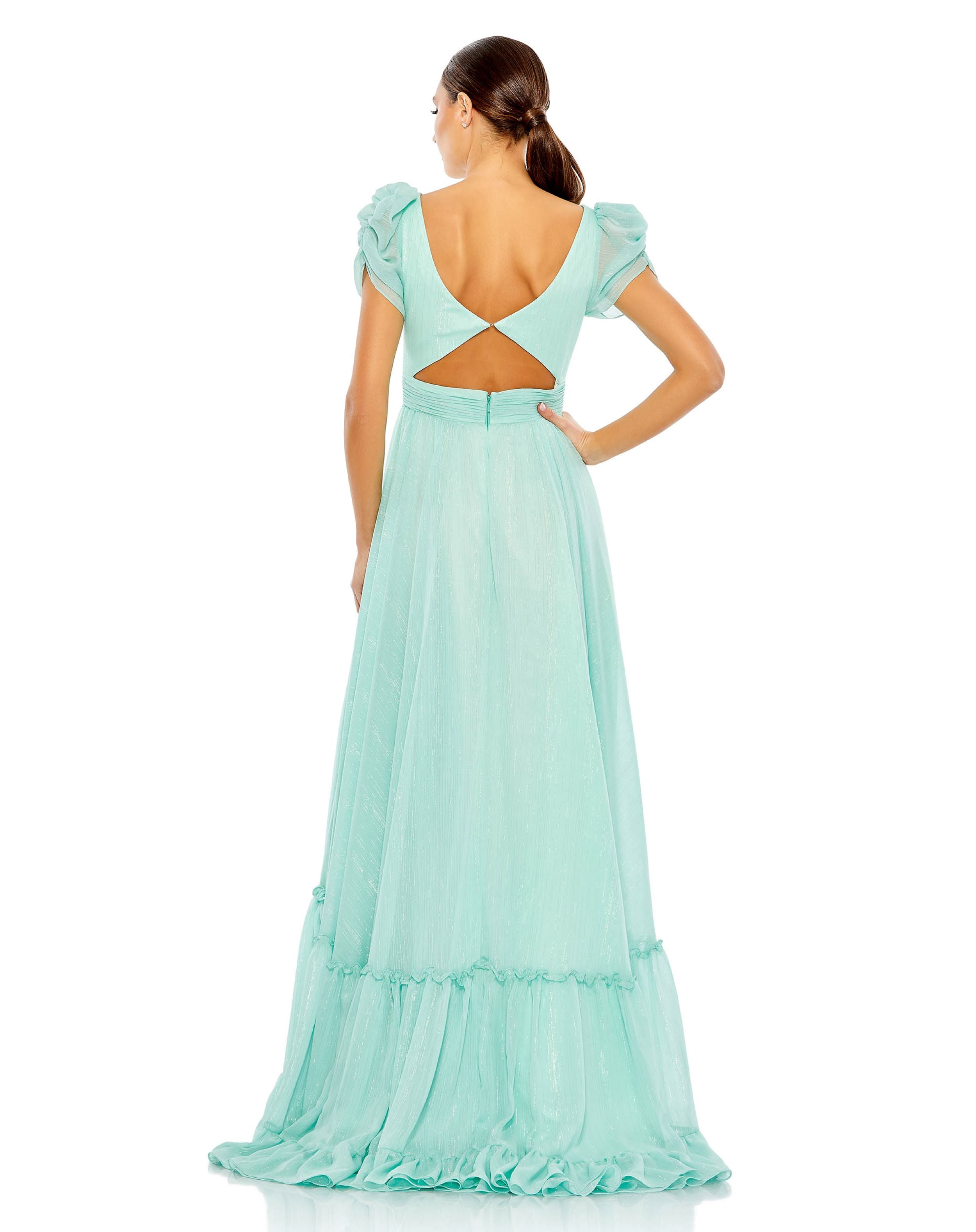 Tassle Tie Puff Sleeve Ruffle A Line Gown | Sample | Sz. 2