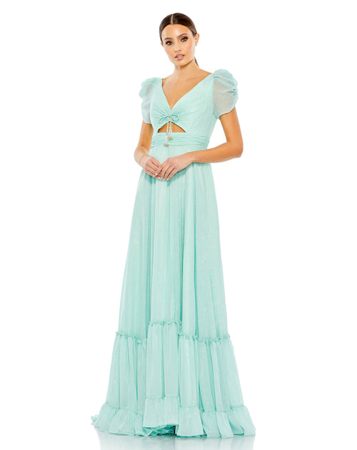 Tassle Tie Puff Sleeve Ruffle A Line Gown | Sample | Sz. 2