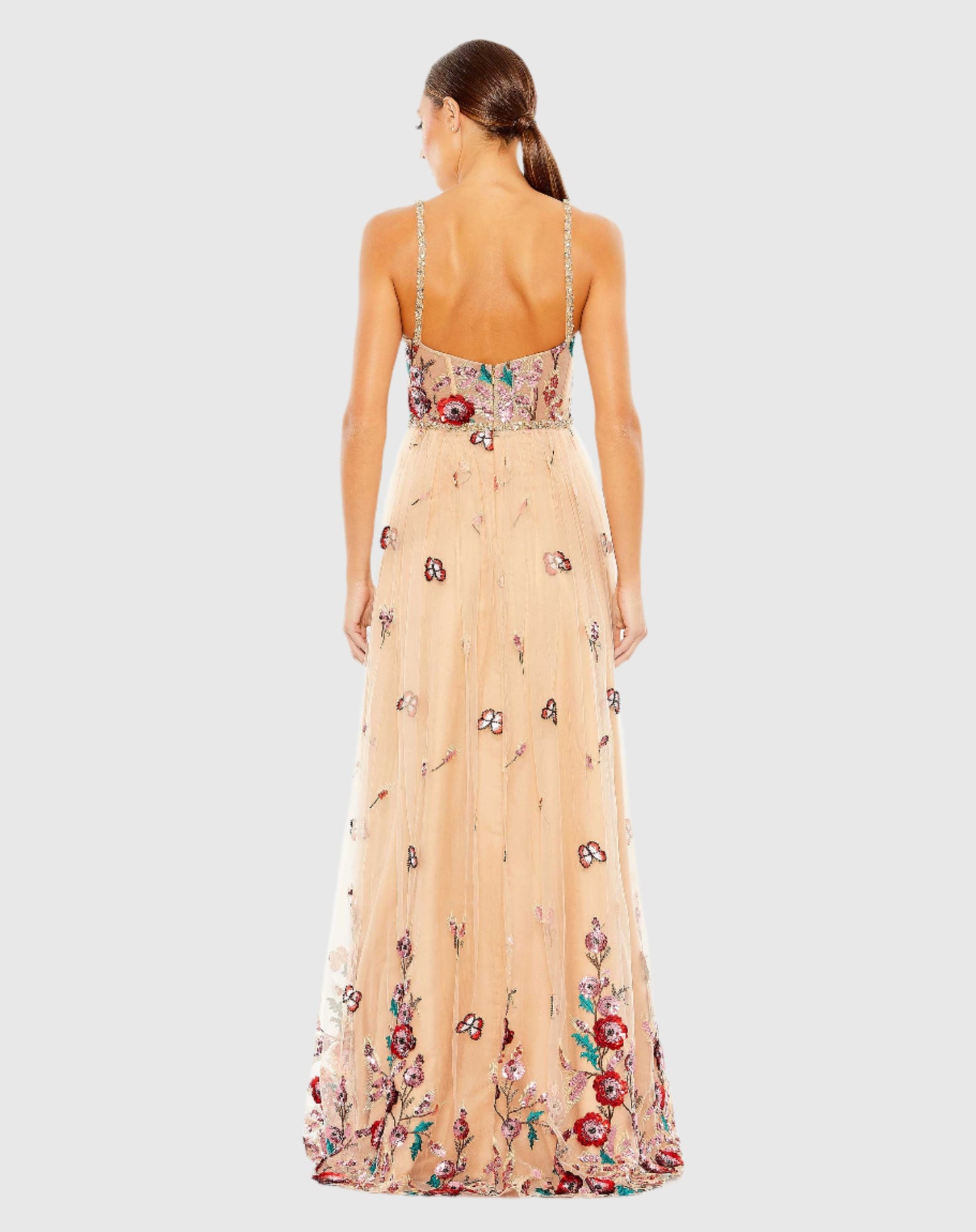 Vestido em linha A com detalhes florais embelezados