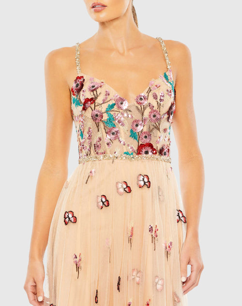 Embellished Floral Detail A Line Gown