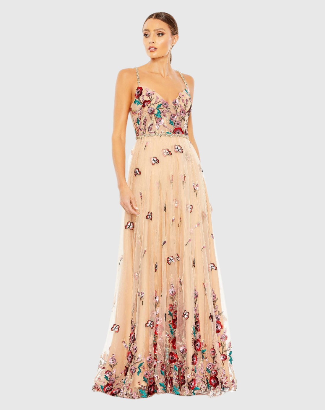 Embellished Floral Detail A Line Gown