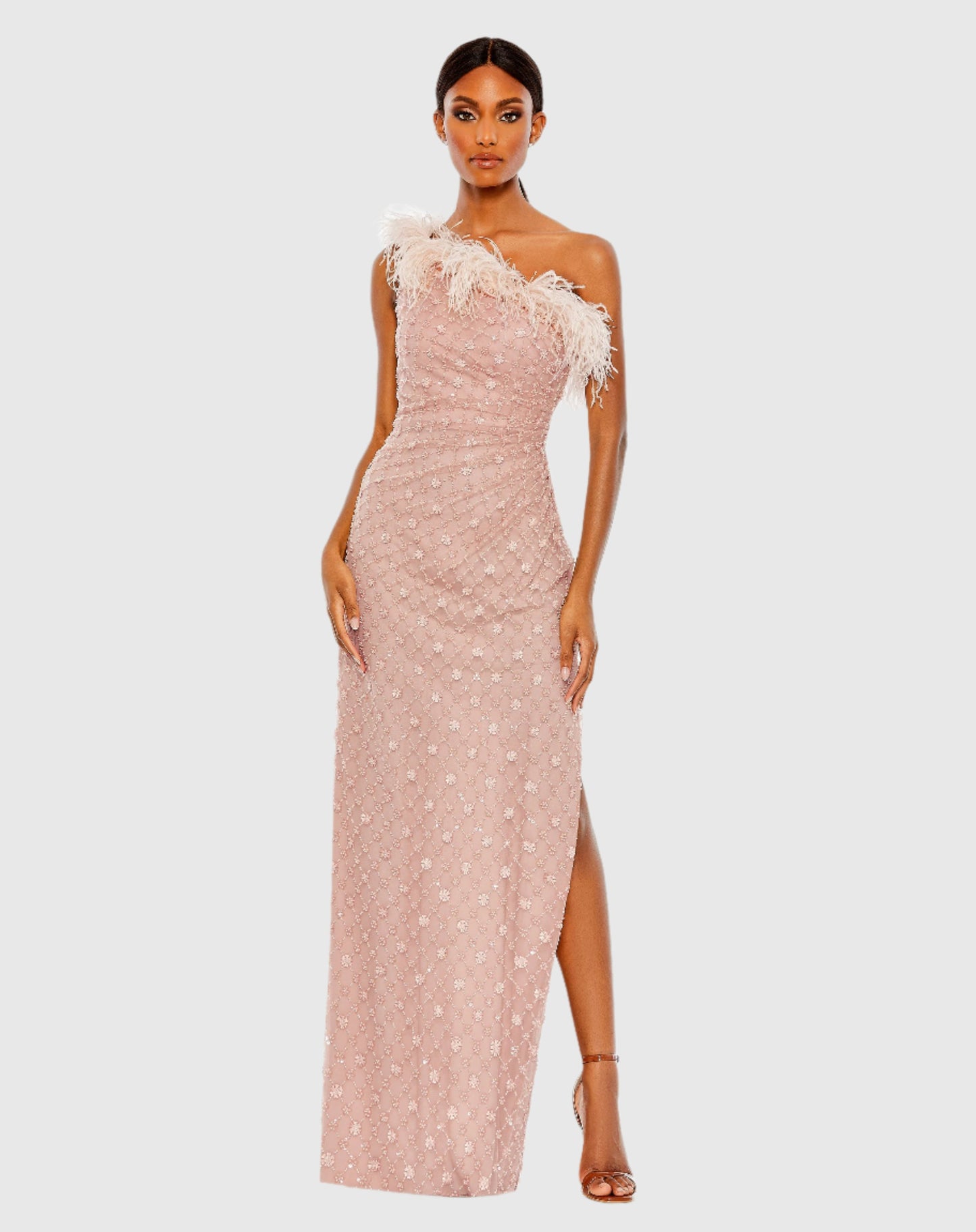 Embellished One Shoulder Gown w/ Ostrich Feathers