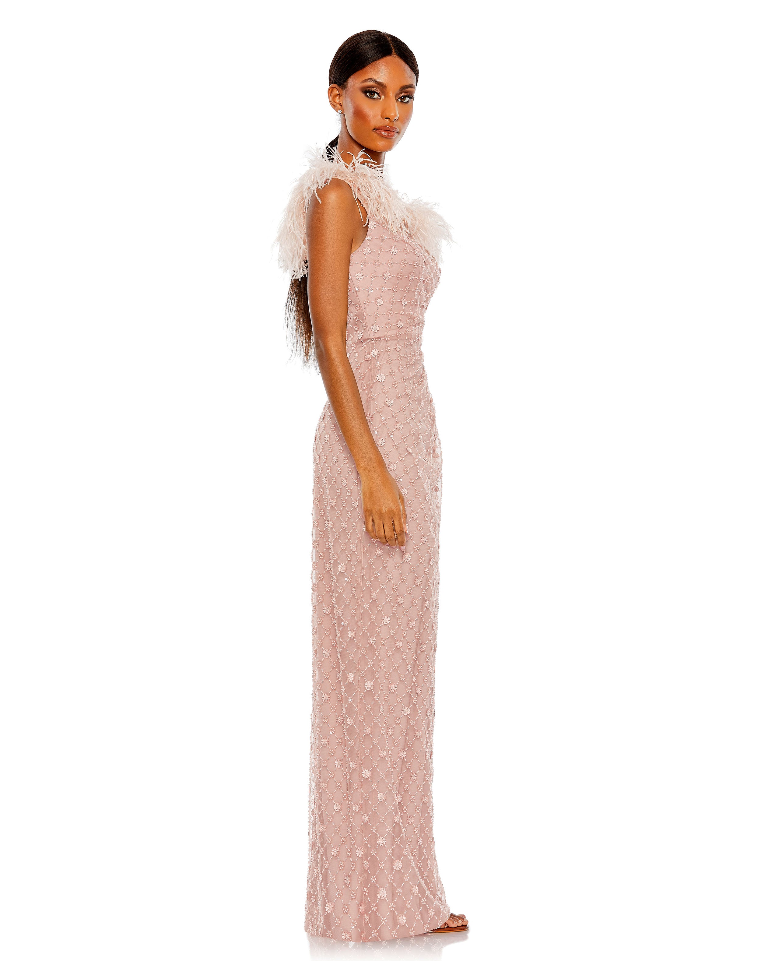 Embellished One Shoulder Gown w/ Ostrich Feathers