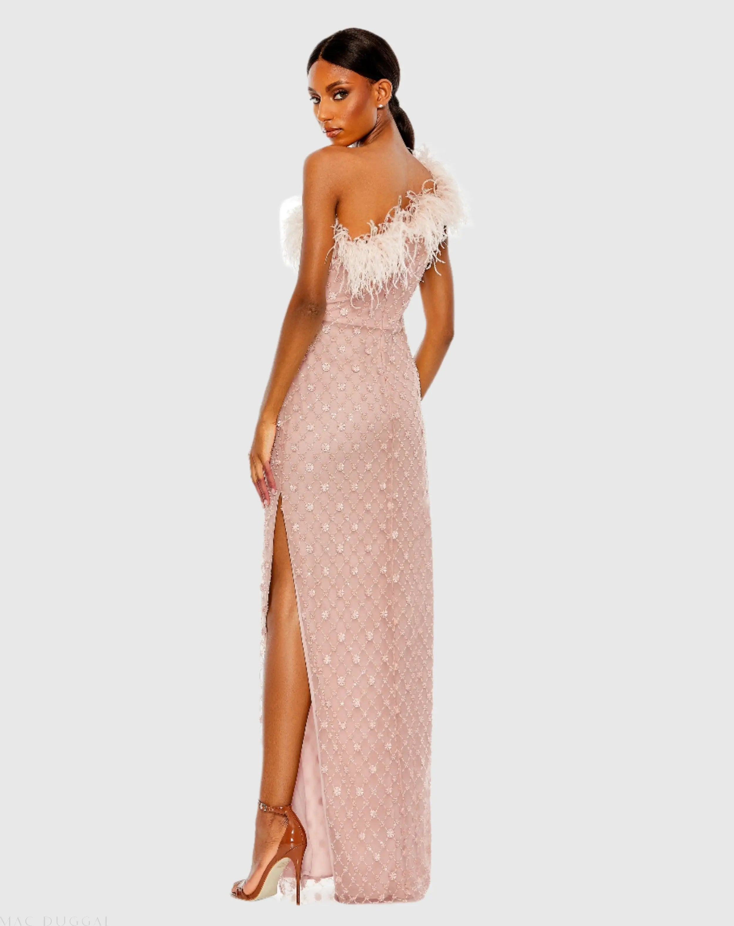 Pink Embellished One Shoulder Gown w/ Ostrich Feathers - Mac Duggal