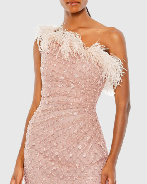 Embellished One Shoulder Gown w/ Ostrich Feathers