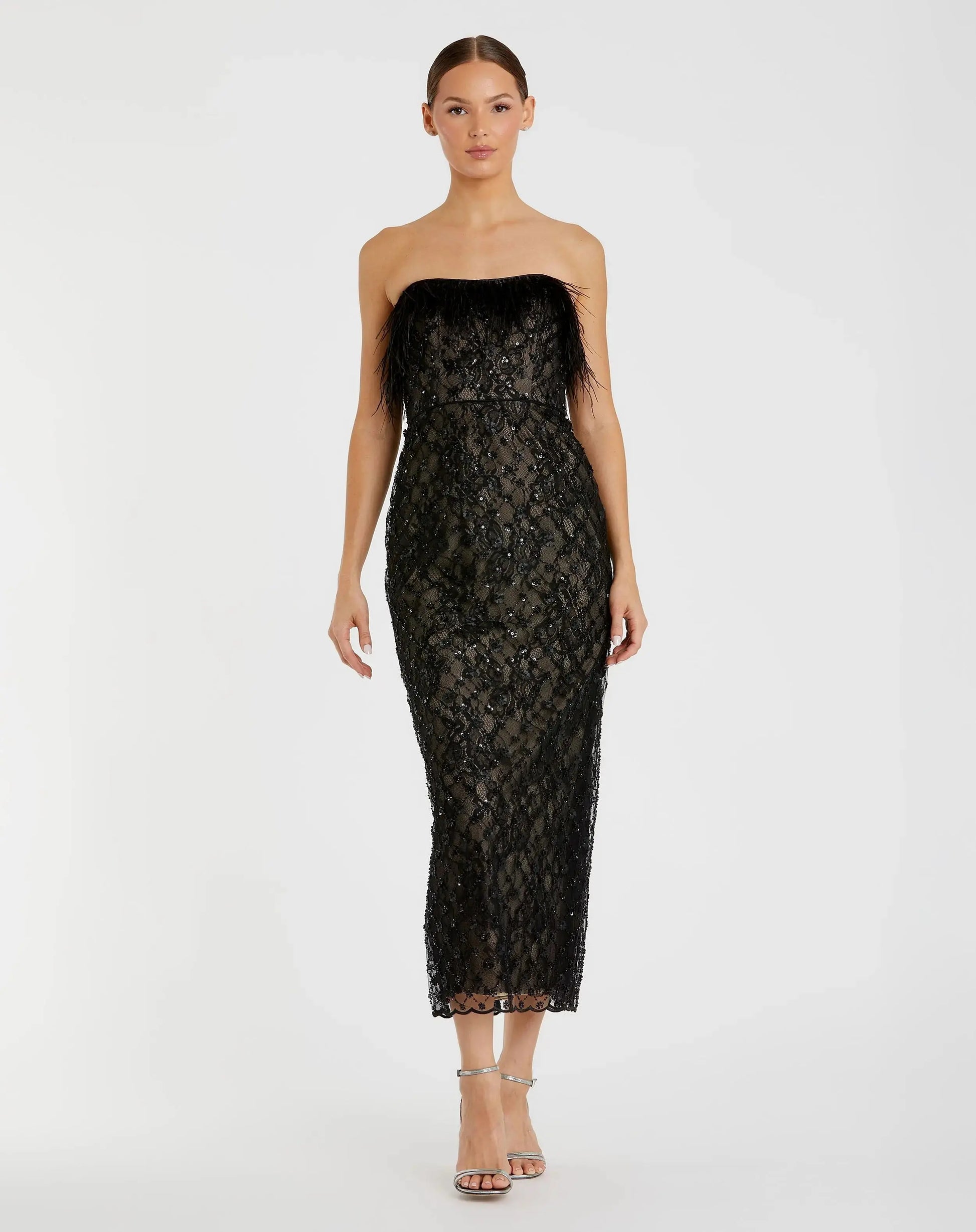 Black Embellished Feather Strapless Column Dress - Mac Duggal