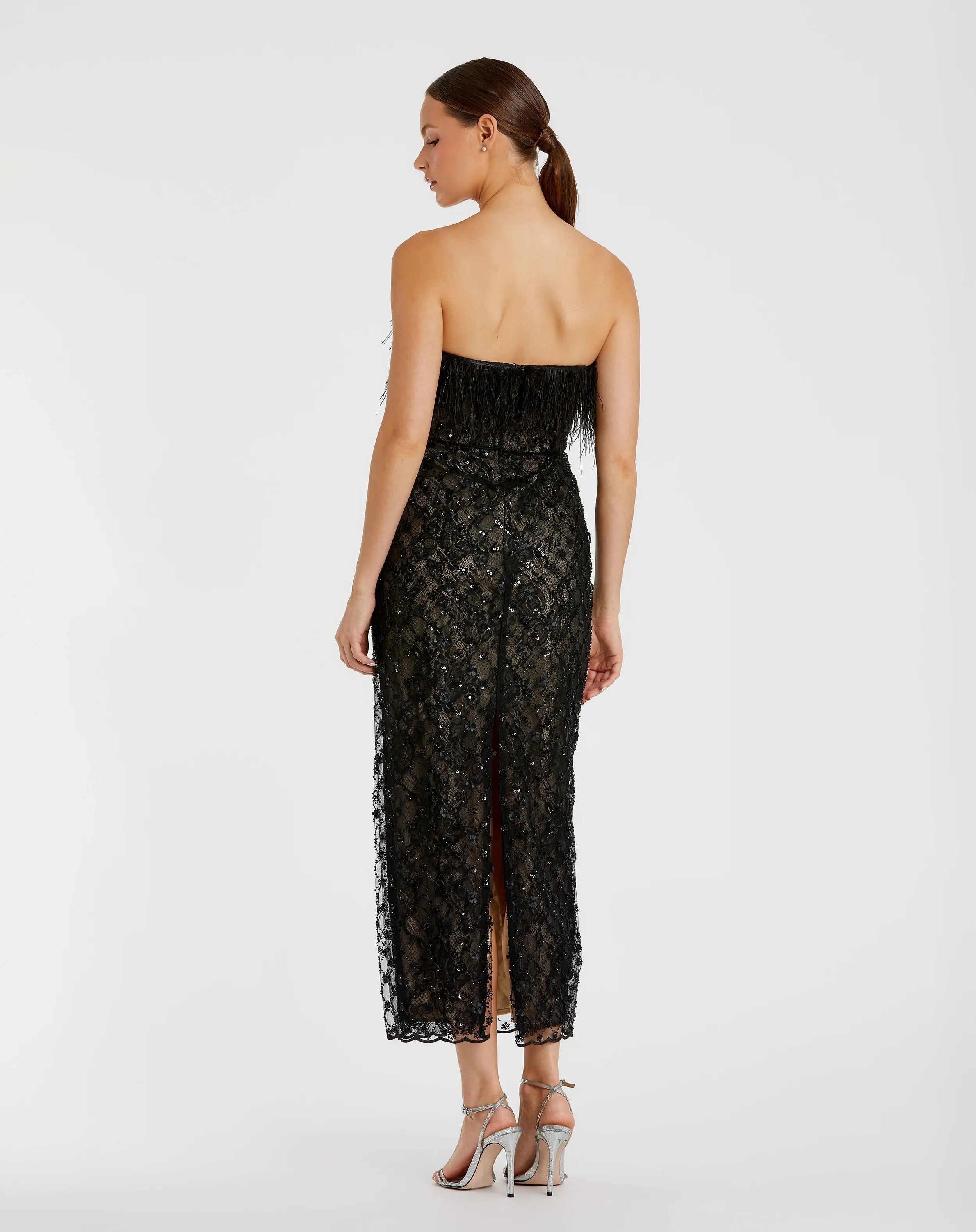 Mac Duggal - Black Embellished Feather Strapless Column Dress - US 14 Mac Duggal - Black Embellished Feather Strapless Column Dress - US 14