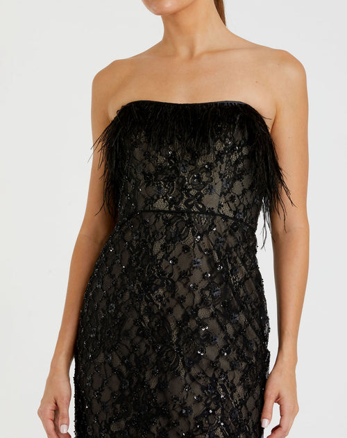 Embellished Feather Strapless Column Dress