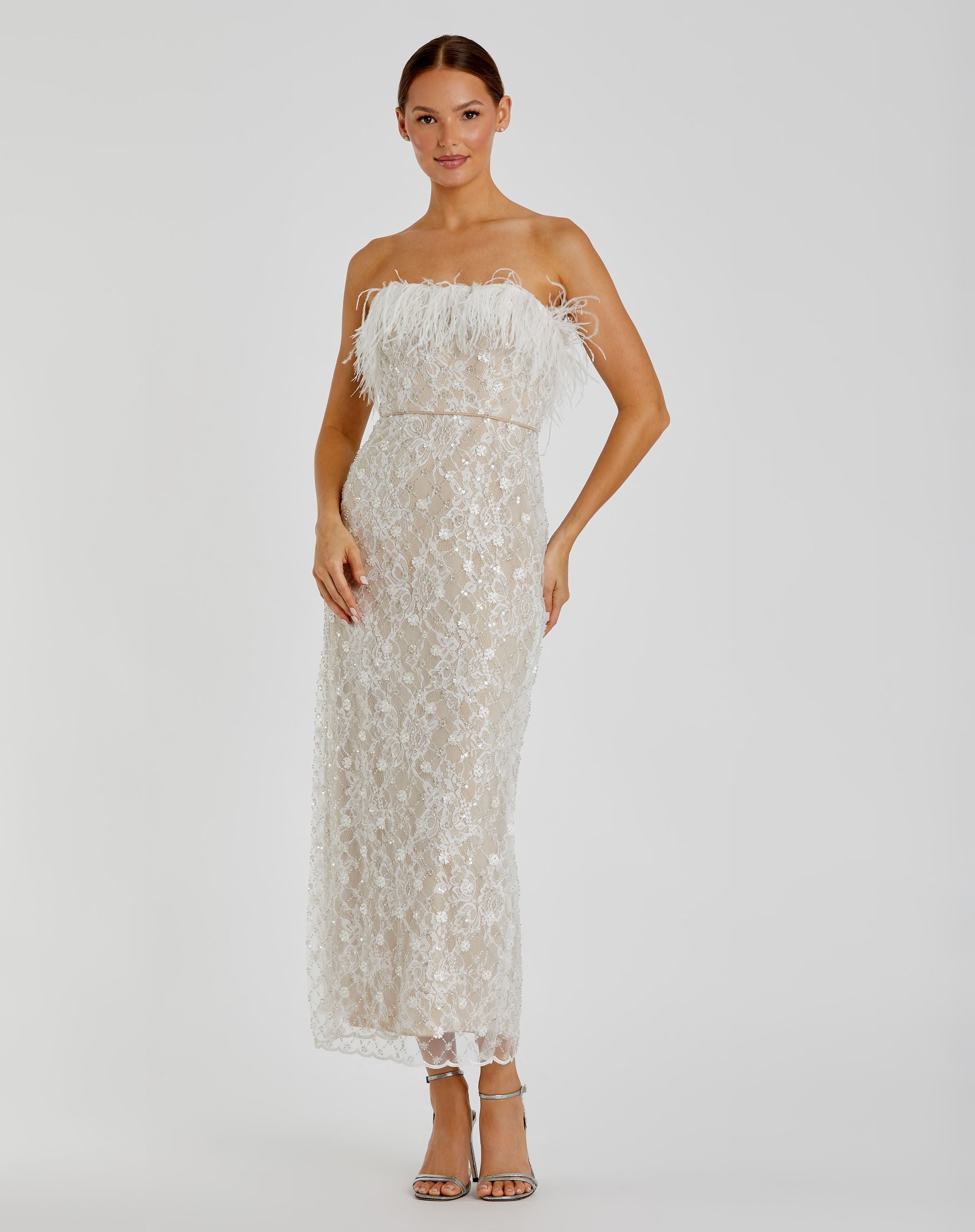 Embellished Feather Strapless Column Dress