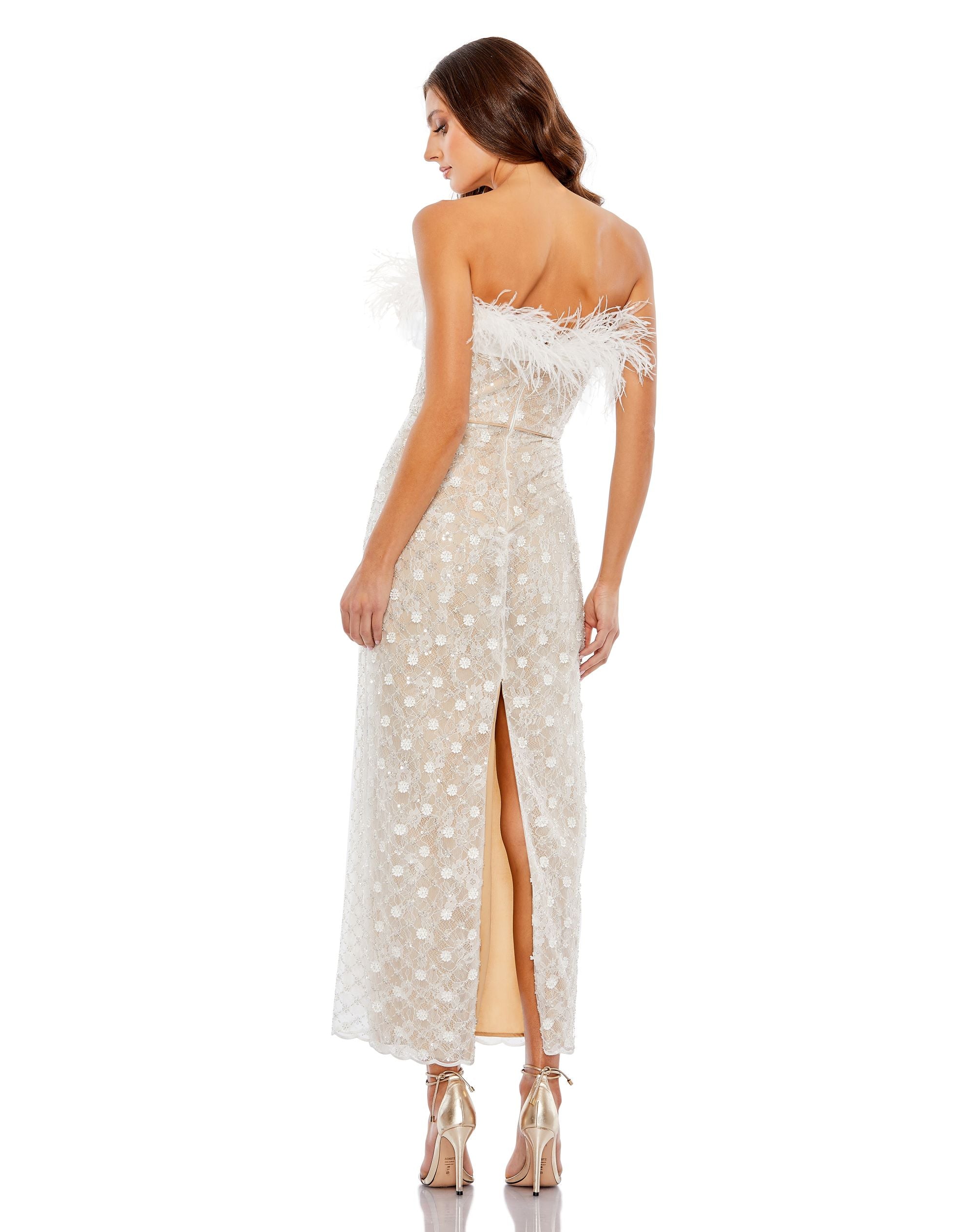 Embellished Feather Strapless Column Dress