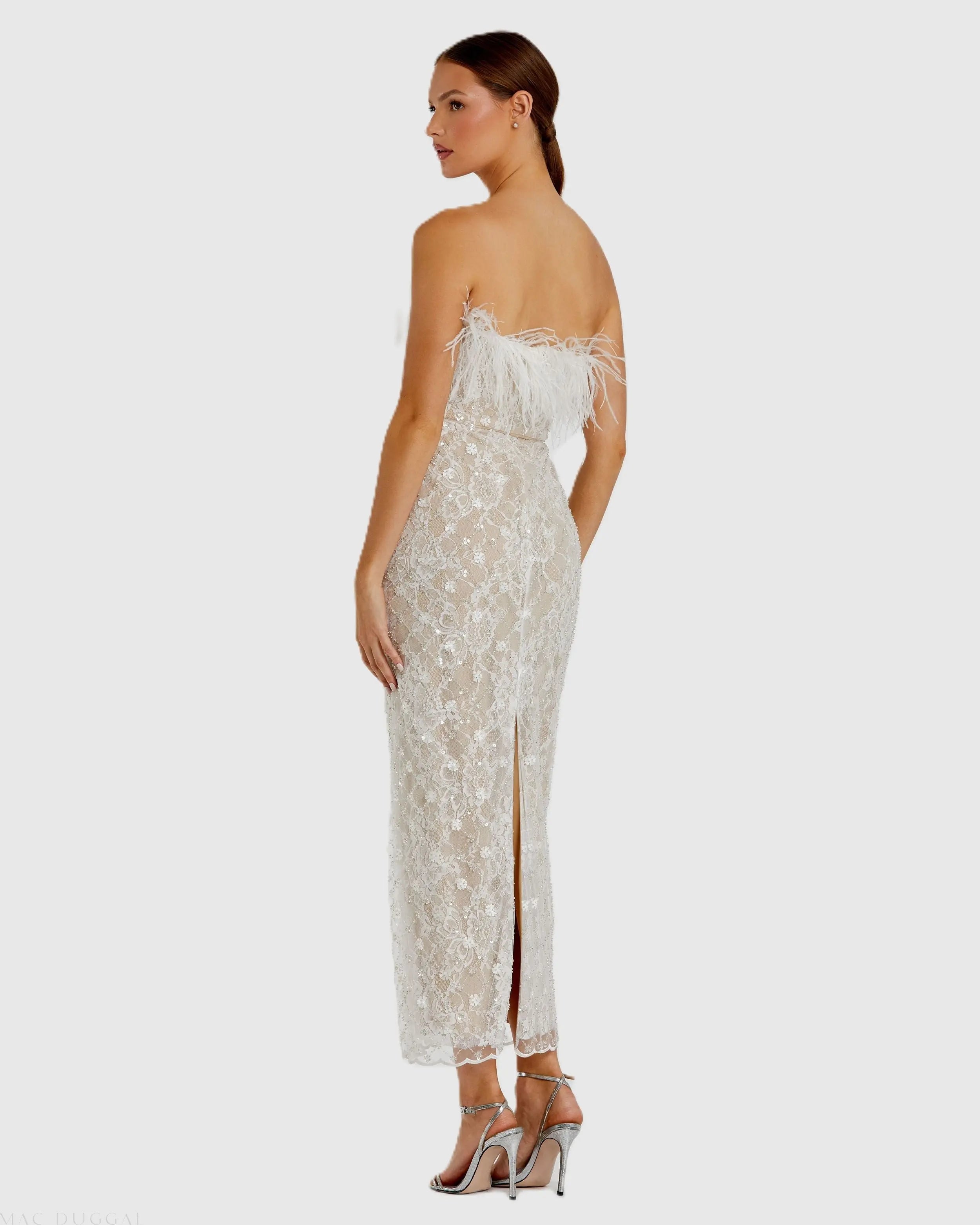 White and Beige Embellished Feather Strapless Column Dress - Mac Duggal