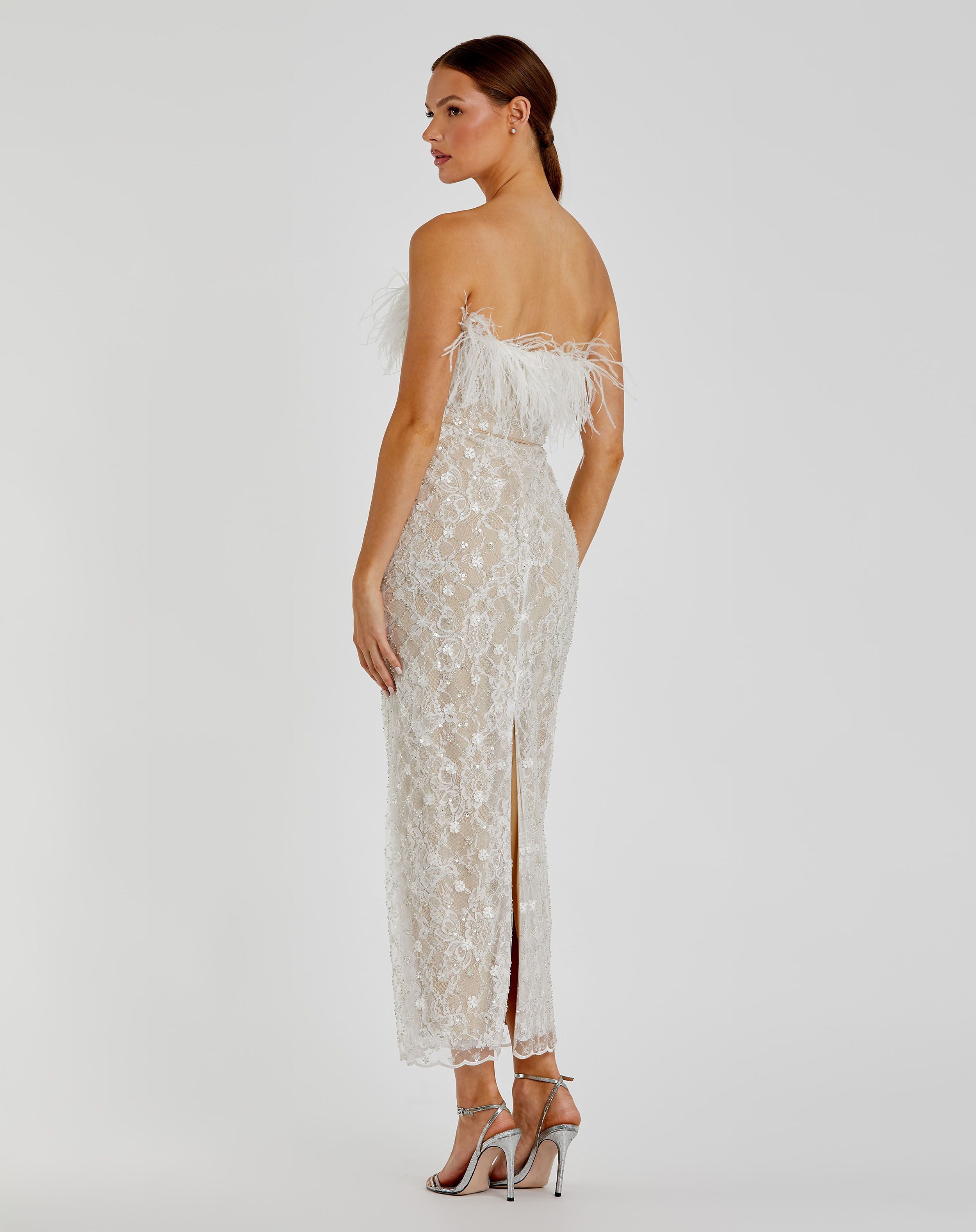 Embellished Feather Strapless Column Dress