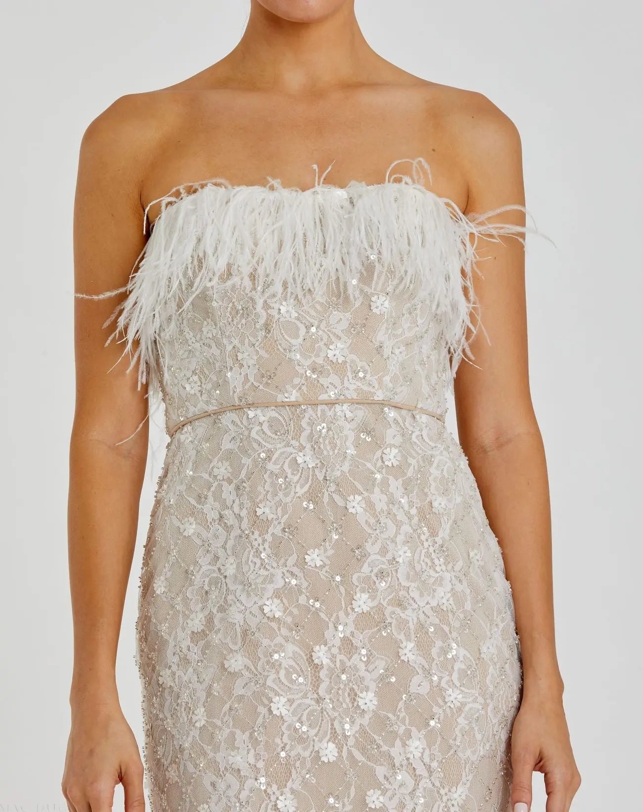 White and Beige Embellished Feather Strapless Column Dress - Mac Duggal