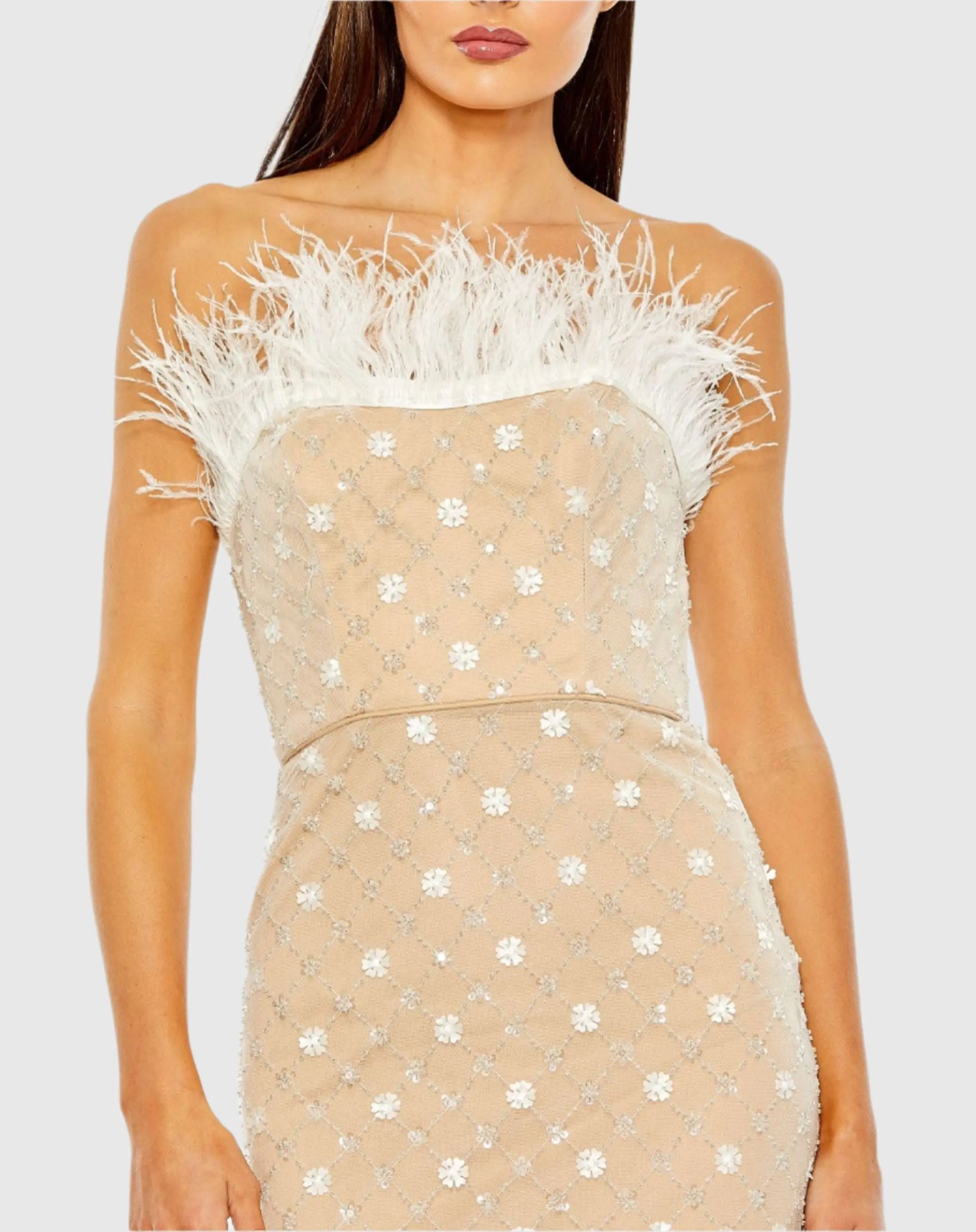 Beige Embellished Feather Strapless Column Dress Mac Duggal