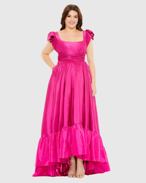 Flutter Sleeve A Line High Low Ruffle Hem Gown (Plus)