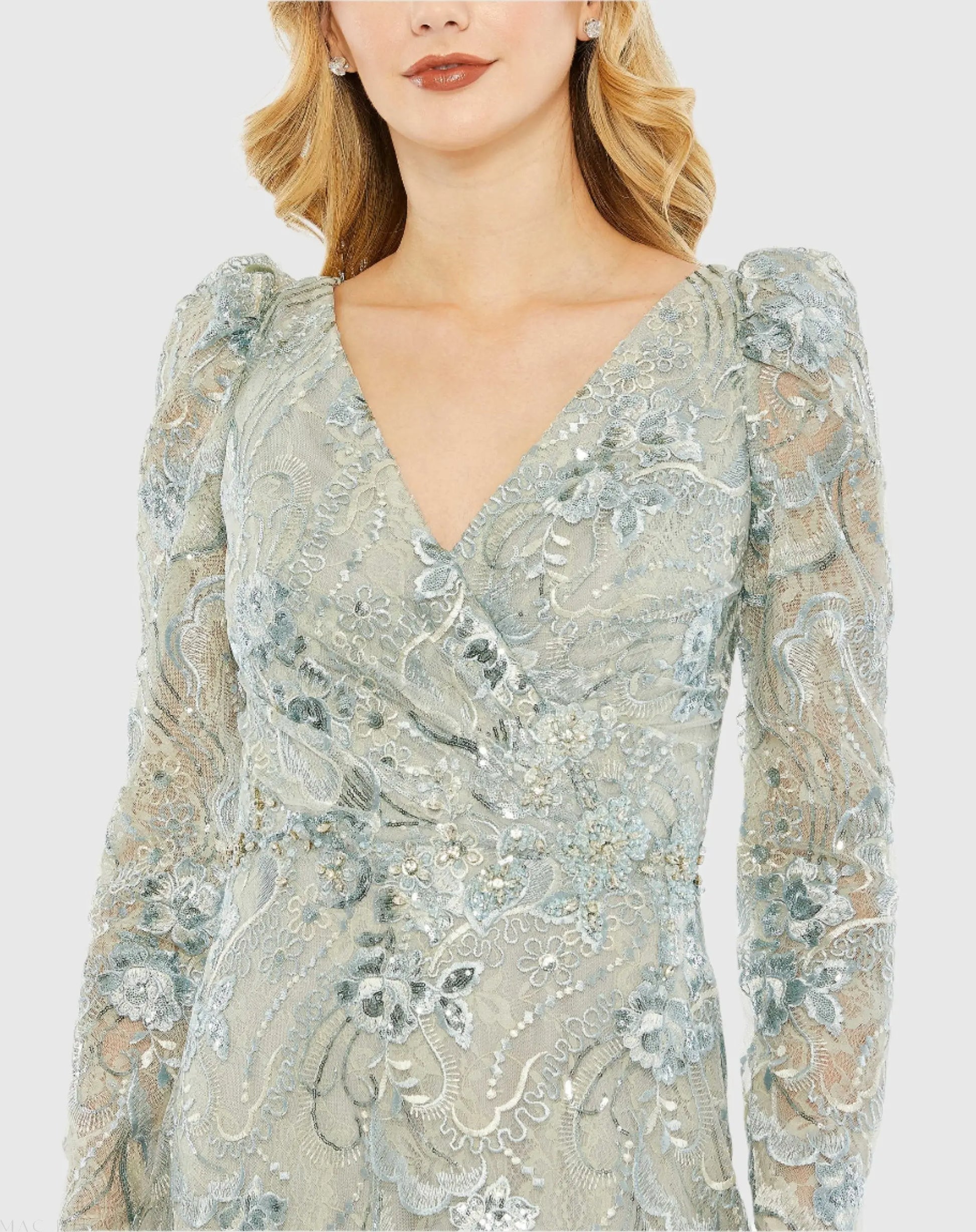 Green Embroidered Wrap Over Puff Sleeve Trumpet Gown - Mac Duggal