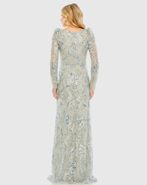 Embroidered Wrap Over Puff Sleeves Trumpet Gown