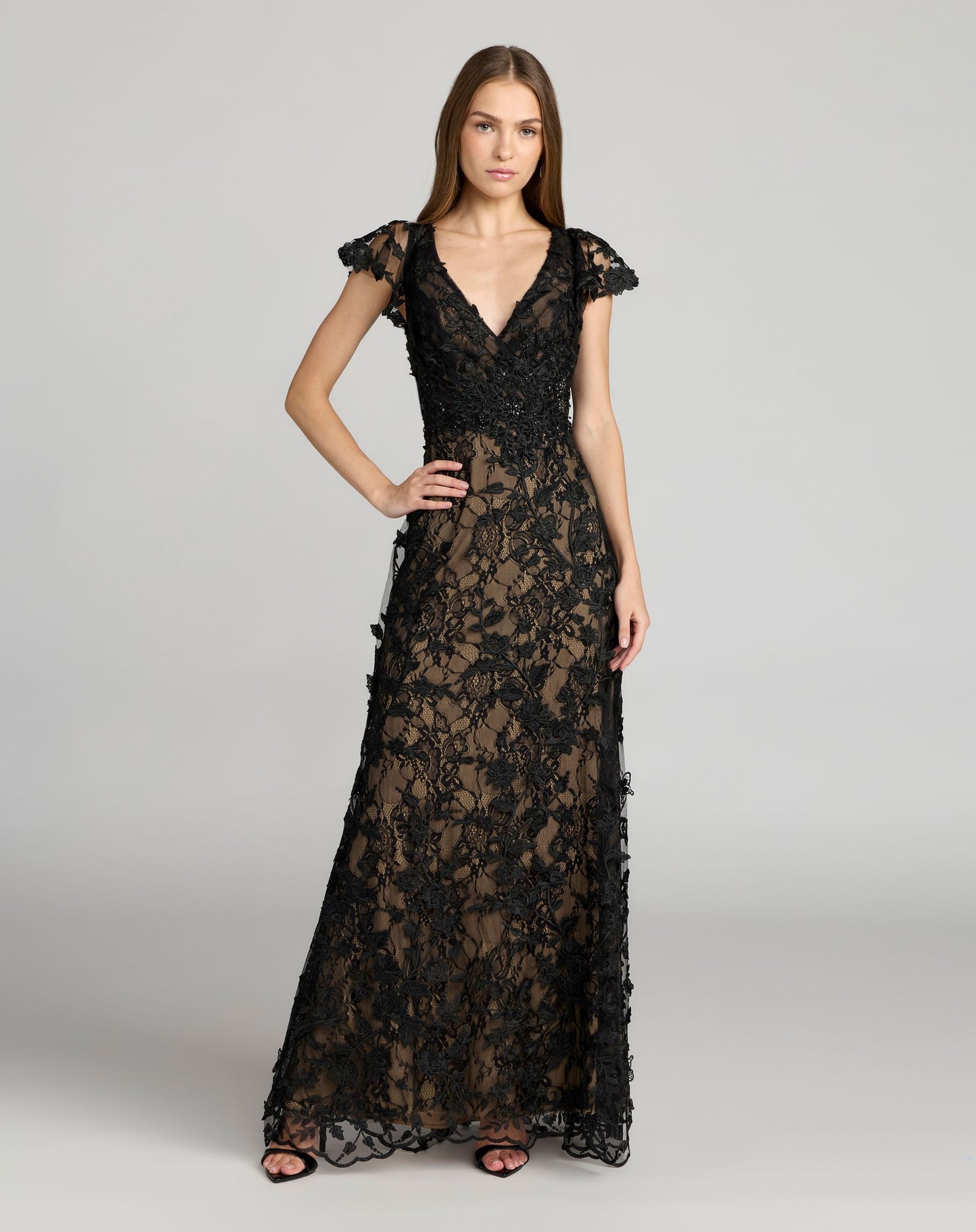 Black Embroidered Applique Wrap Over Flutter Sleeve Gown - Mac Duggal
