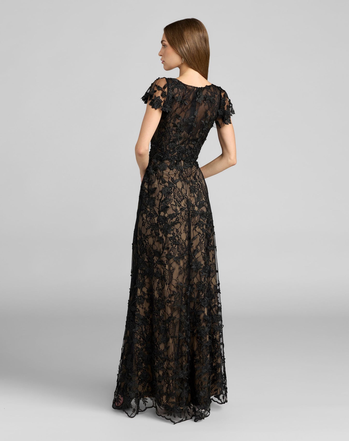 Black Embroidered Applique Wrap Over Flutter Sleeve Gown - Mac Duggal