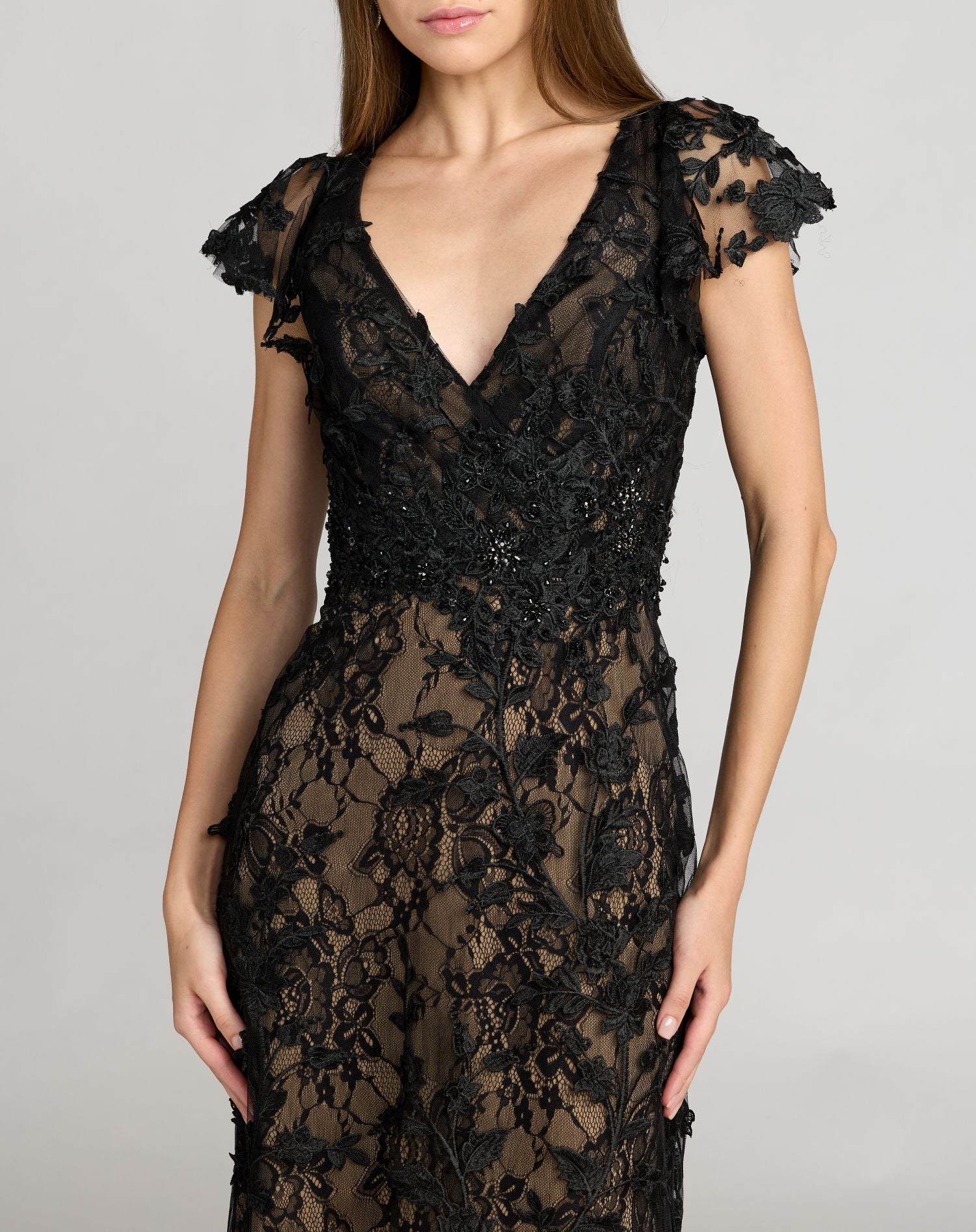 Black Embroidered Applique Wrap Over Flutter Sleeve Gown - Mac Duggal