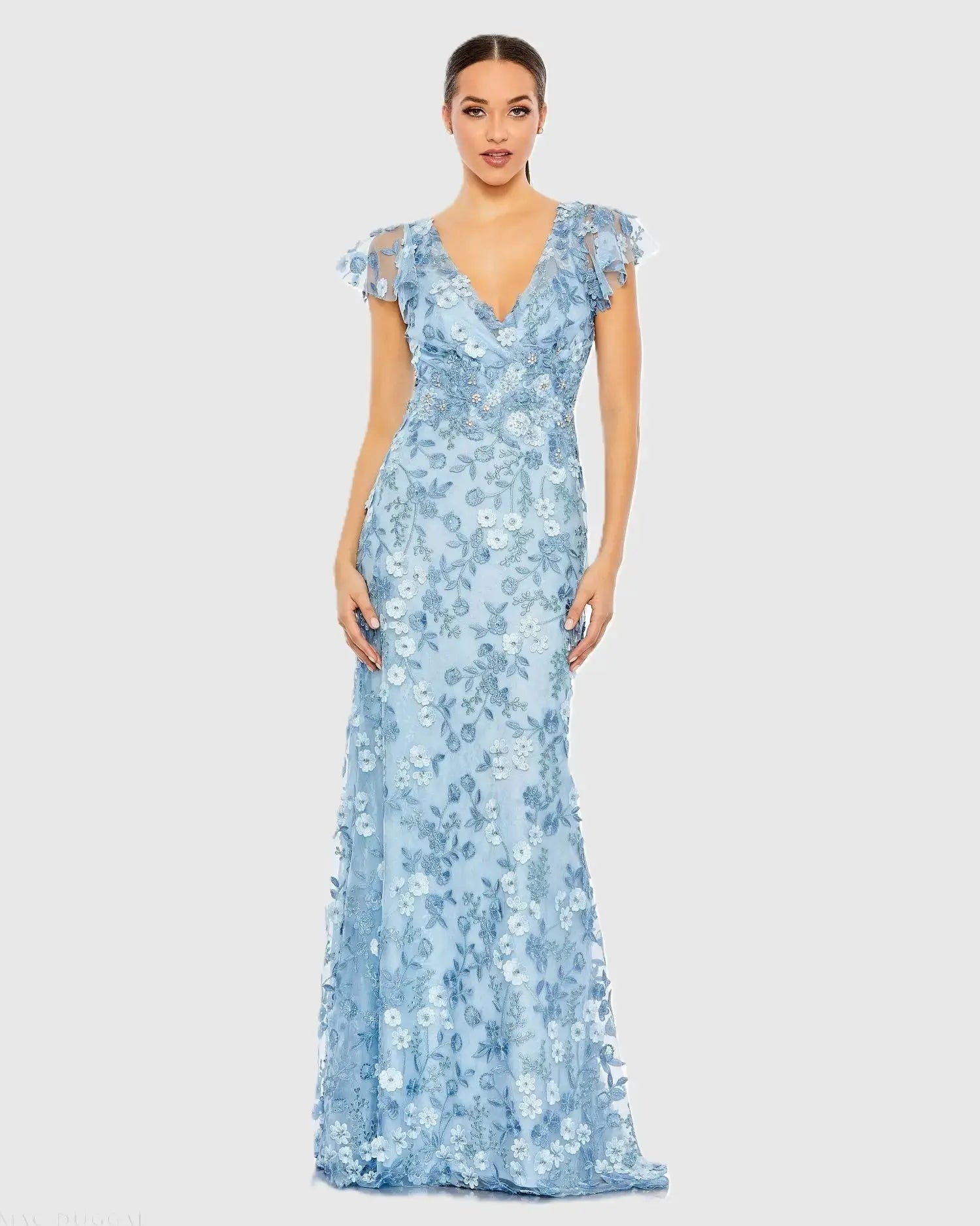 Blue Embroidered Applique Wrap Over Flutter Sleeve Gown - Mac Duggal