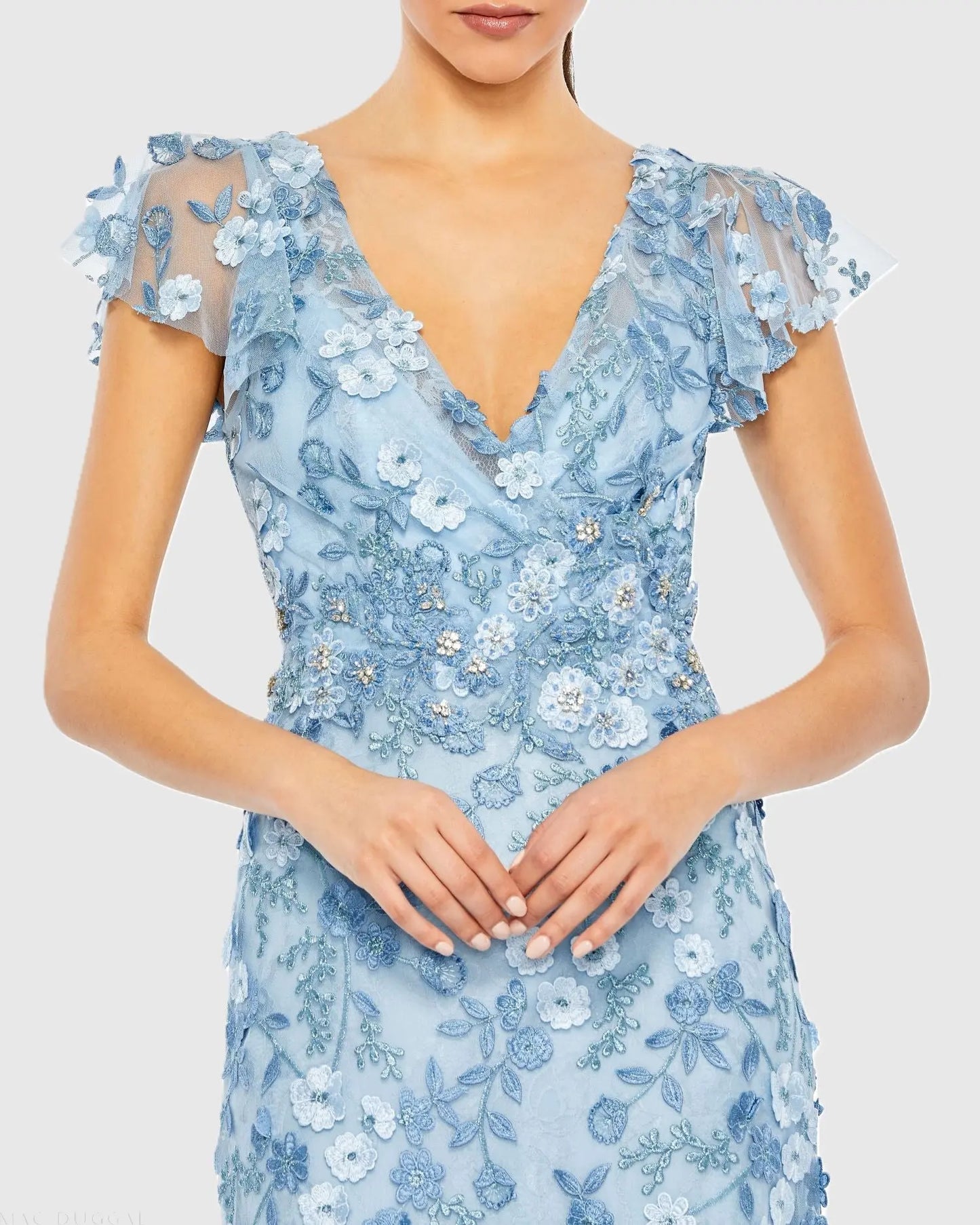 Mac Duggal Women's Embroidered Applique Wrap Over Flutter Sleeve Gown - Blue - Size 12 Mac Duggal Women's Embroidered Applique Wrap Over Flutter Sleeve Gown - Blue - Size 12