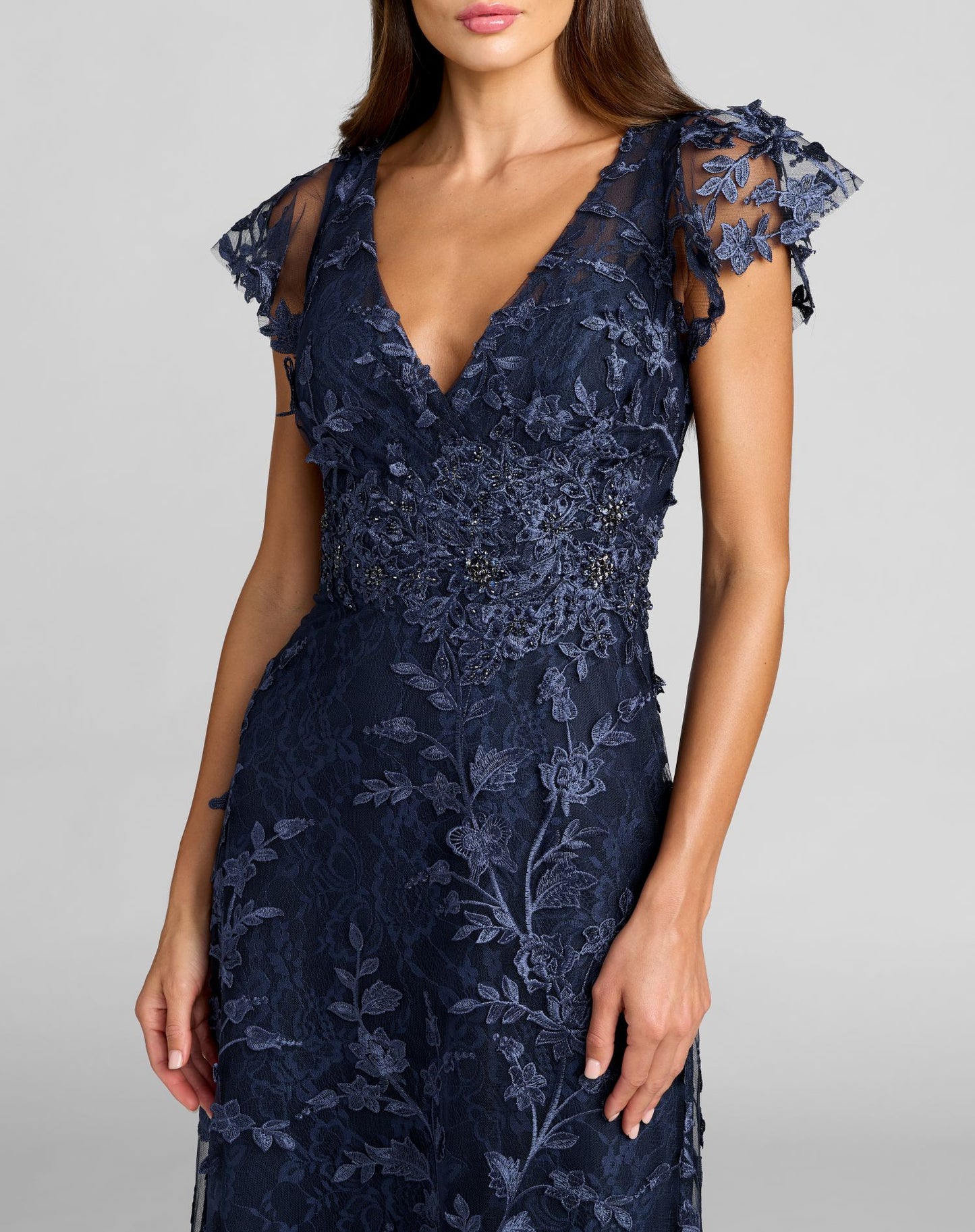 Navy Embroidered Applique Wrap Over Flutter Sleeve Gown - Mac Duggal