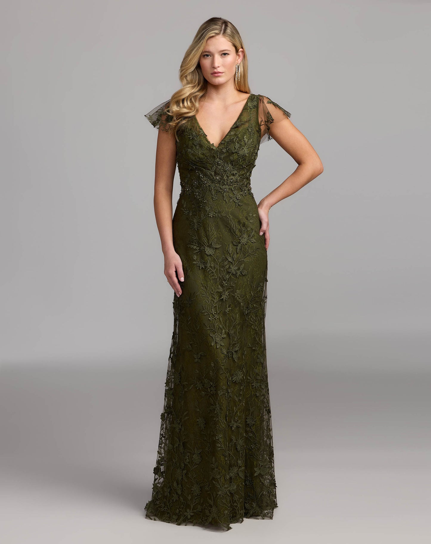 Embroidered Applique Wrap Over Flutter Sleeve Gown