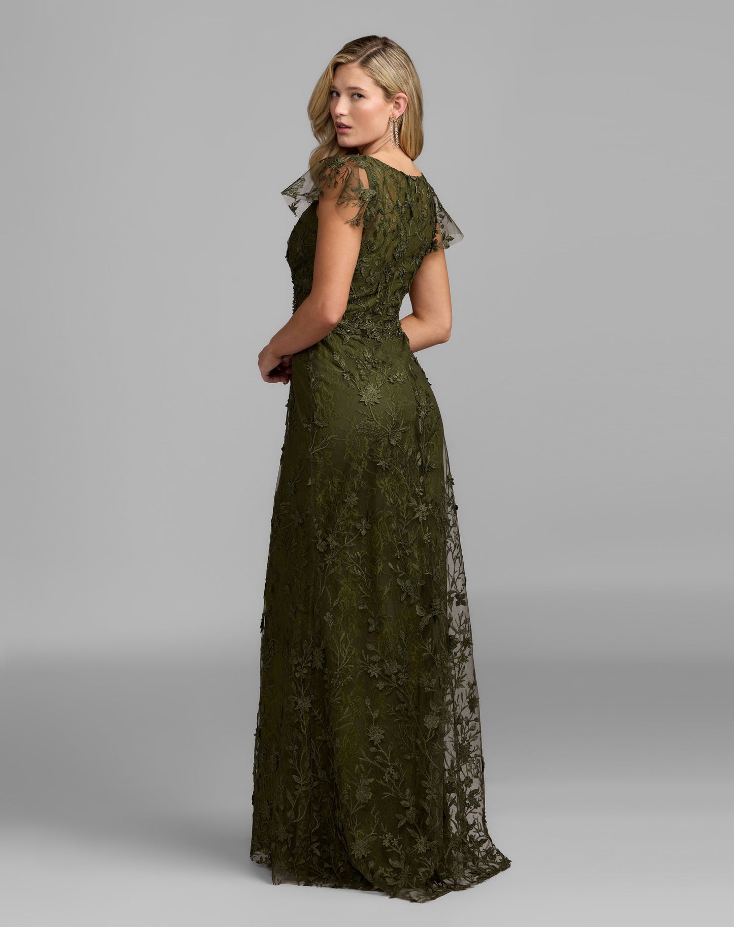 Green Embroidered Applique Wrap Over Flutter Sleeve Gown - Mac Duggal